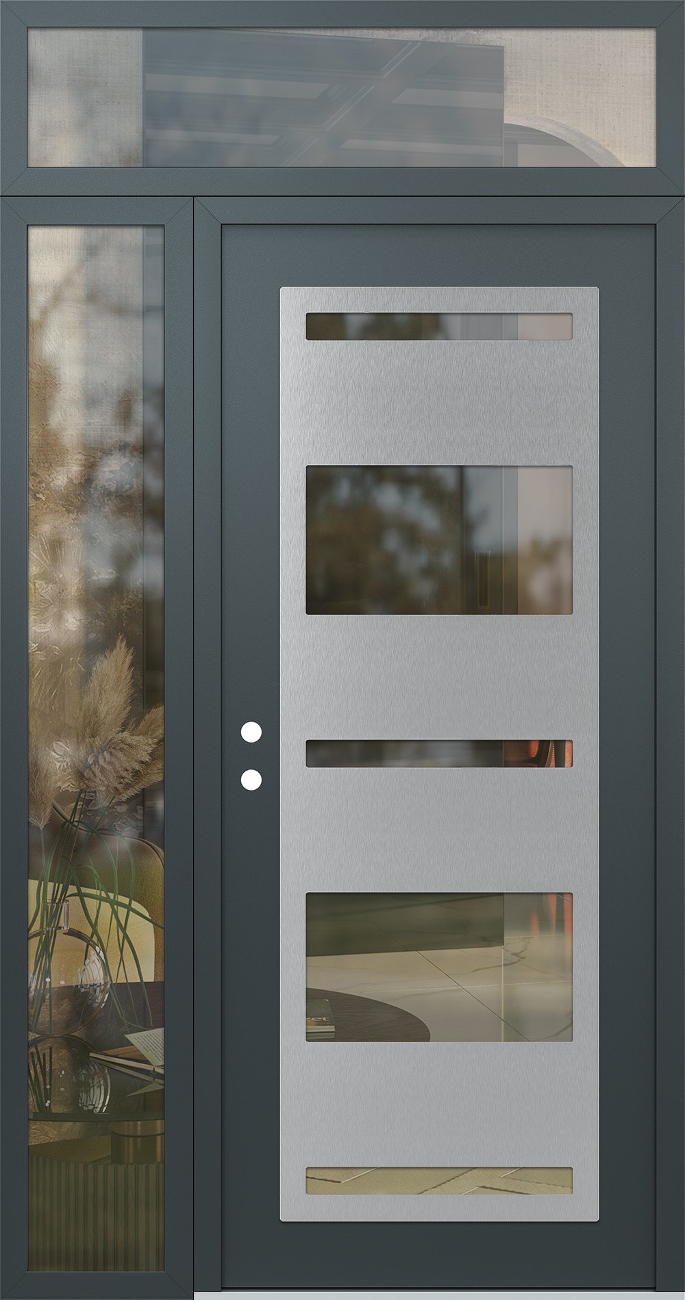 Modern Steel Front Door Diamond C10 50" x 96" anthracite/anthracite clear Glass Panel stainless steel RHI with Sidelite and Transom clear Glass