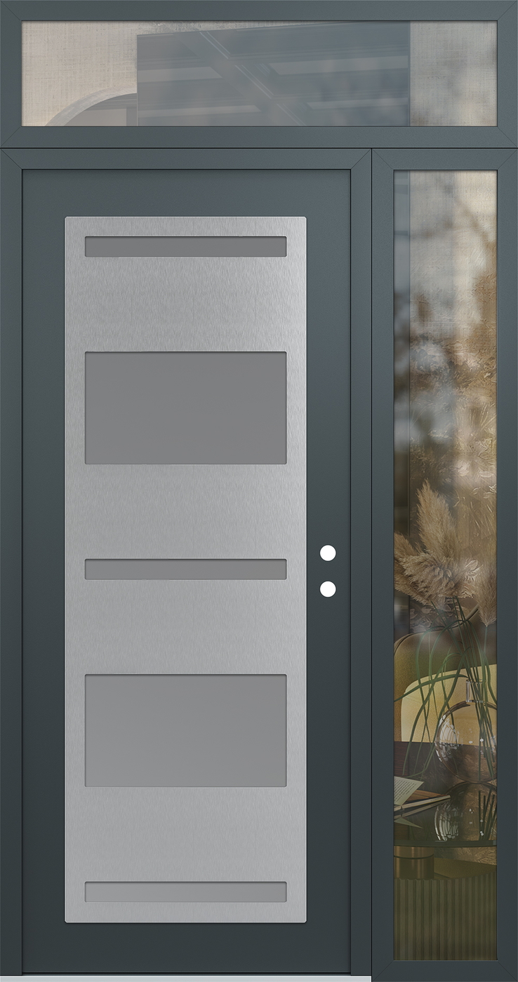Modern Steel Front Door Diamond C10 50" x 96" anthracite/anthracite frosted Glass Panel stainless steel LHI with Sidelite and Transom clear Glass