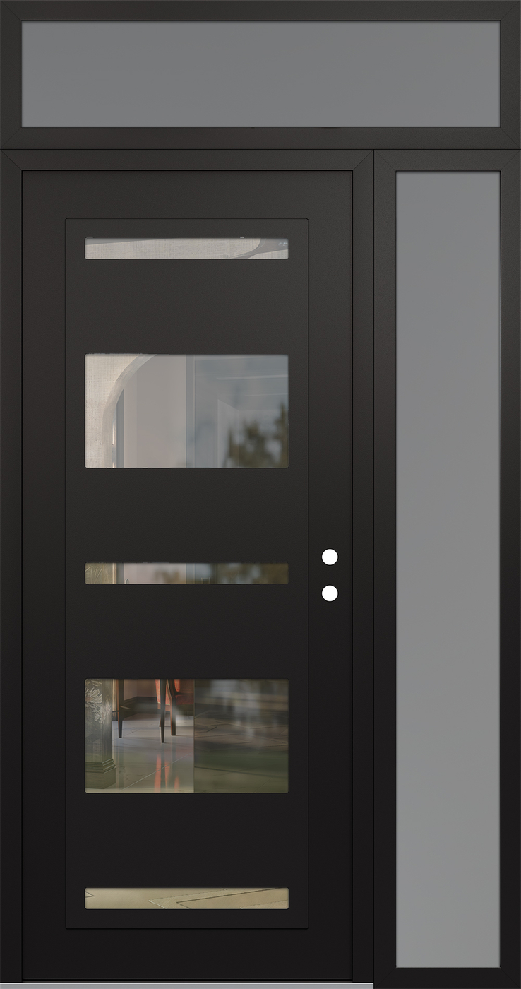 Modern Steel Front Door Diamond C10 50" x 96" black/black clear Glass Panel black LHI with Sidelite and Transom frosted Glass