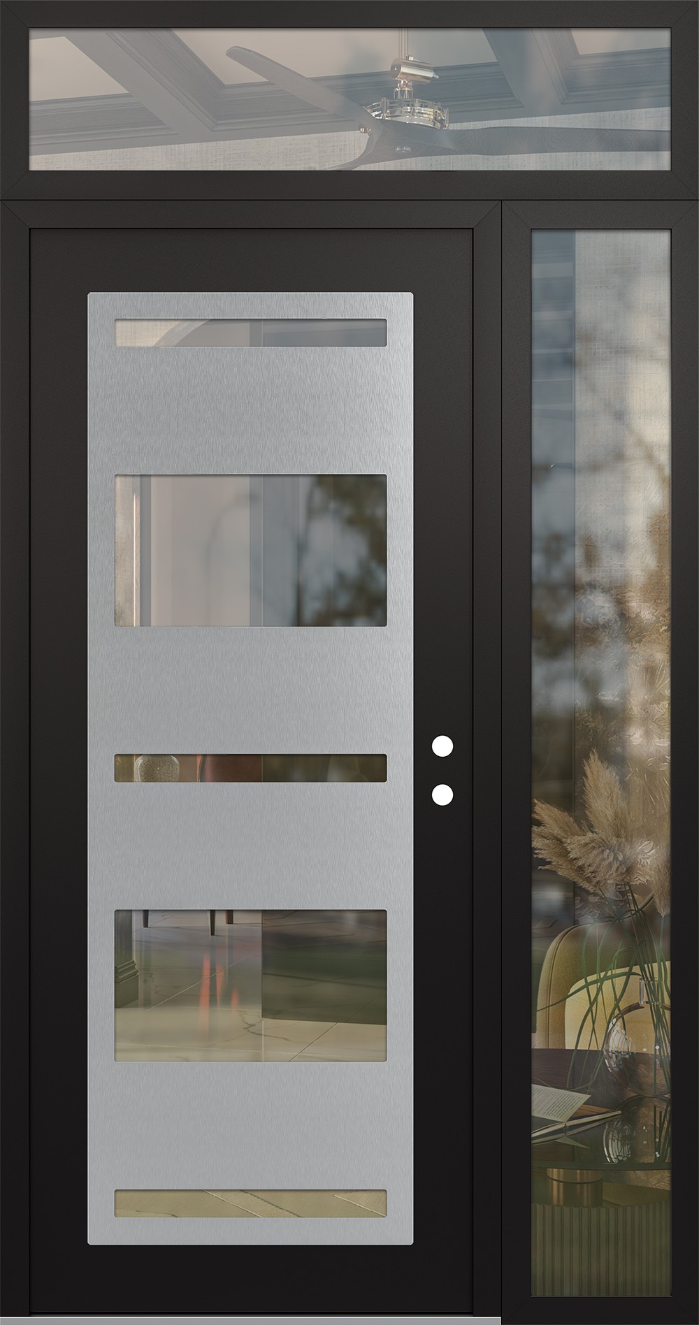 Modern Steel Front Door Diamond C10 50" x 96" black/black clear Glass Panel stainless steel LHI with Sidelite and Transom clear Glass
