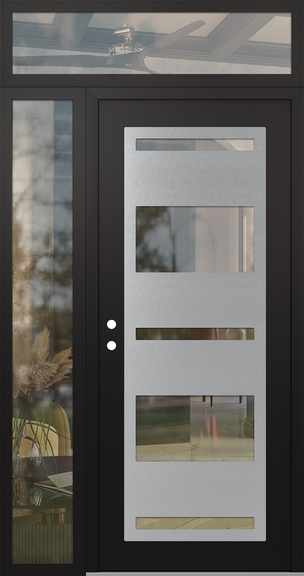 Modern Steel Front Door Diamond C10 50" x 96" black/black clear Glass Panel stainless steel RHI with Sidelite and Transom clear Glass