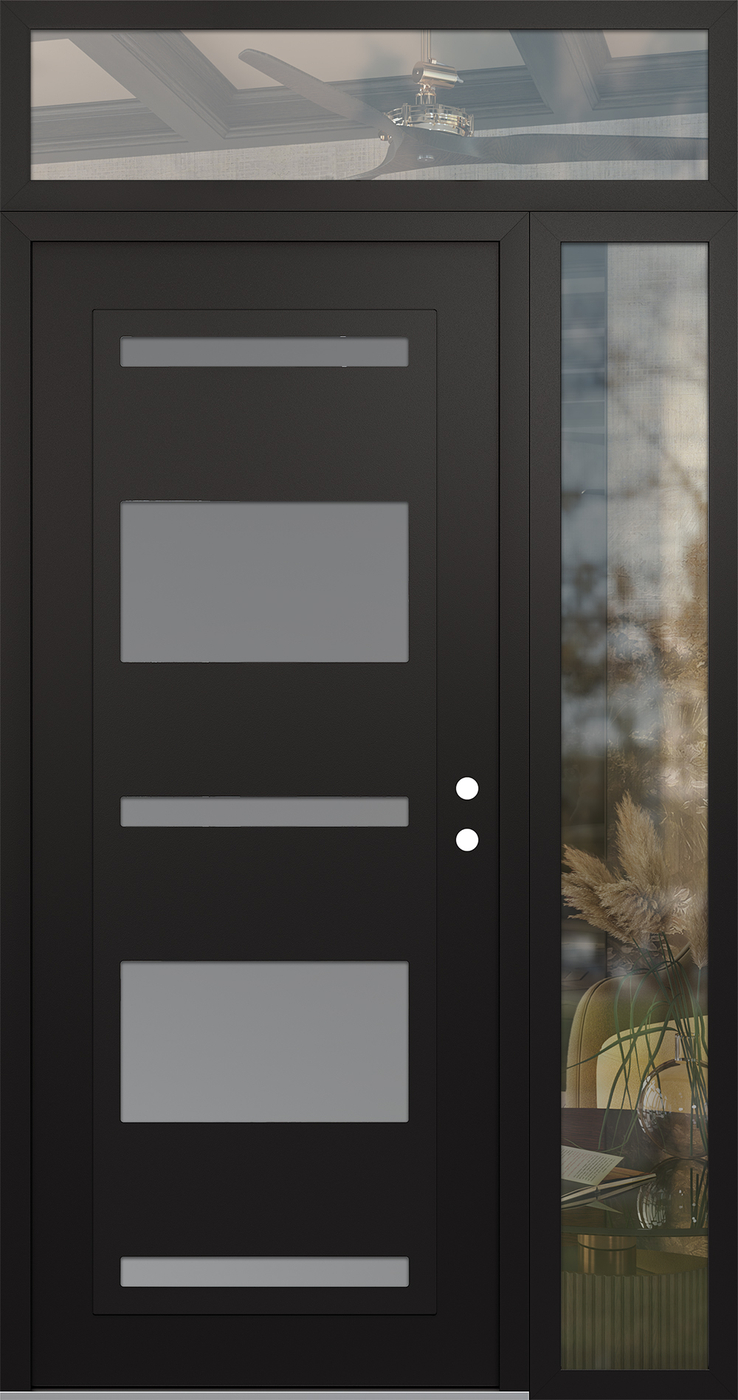 Modern Steel Front Door Diamond C10 50" x 96" black/white frosted Glass Panel black LHI with Sidelite and Transom clear Glass