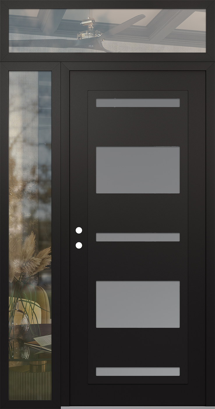 Modern Steel Front Door Diamond C10 50" x 96" black/white frosted Glass Panel black RHI with Sidelite and Transom clear Glass