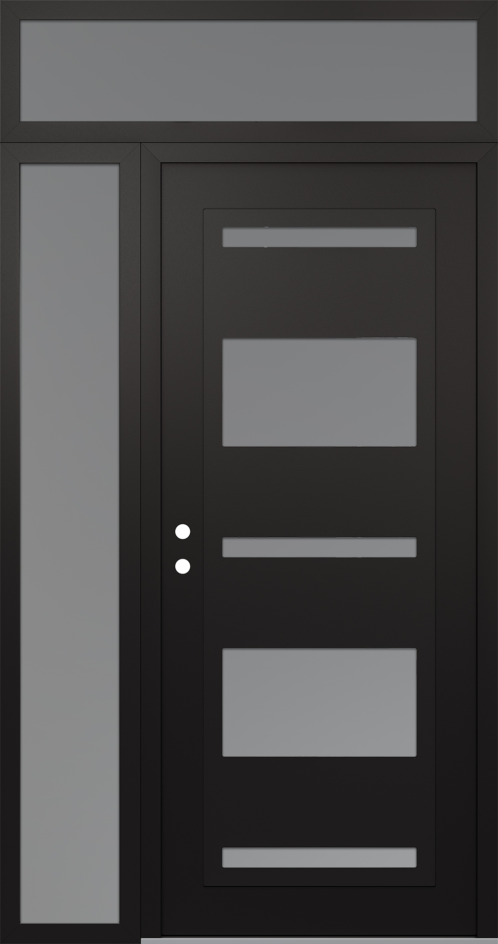 Modern Steel Front Door Diamond C10 50" x 96" black/white frosted Glass Panel black RHI with Sidelite and Transom frosted Glass