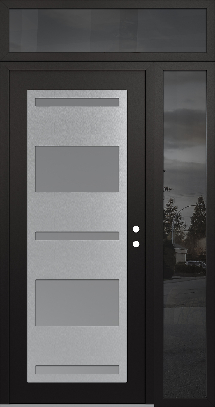 Modern Steel Front Door Diamond C10 50" x 96" black/white frosted Glass Panel stainless steel LHI with Sidelite and Transom mirrored Glass