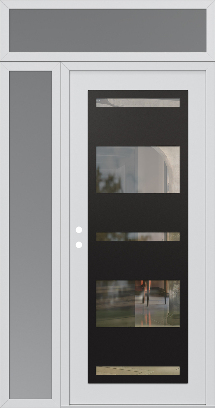 Modern Steel Front Door Diamond C10 50" x 96" white/white clear Glass Panel black RHI with Sidelite and Transom frosted Glass