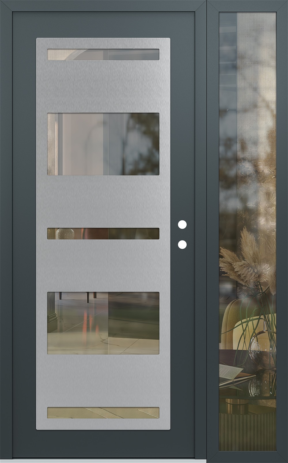 Modern Steel Front Door Diamond C10 52" x 80" anthracite/anthracite clear Glass Panel stainless steel LHI with Sidelite clear Glass