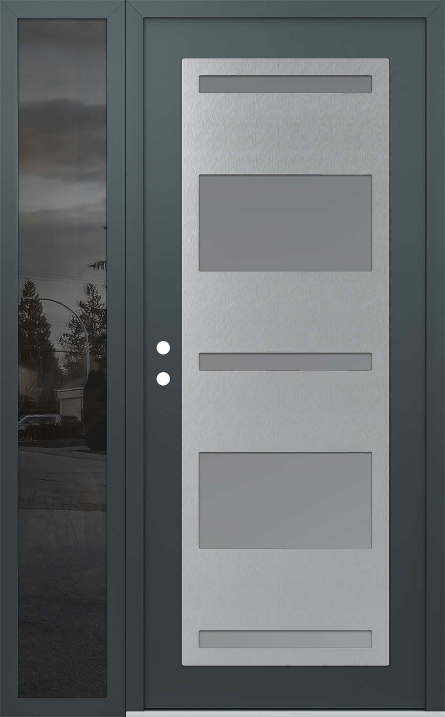 Modern Steel Front Door Diamond C10 52" x 80" anthracite/anthracite frosted Glass Panel stainless steel RHI with Sidelite mirrored Glass