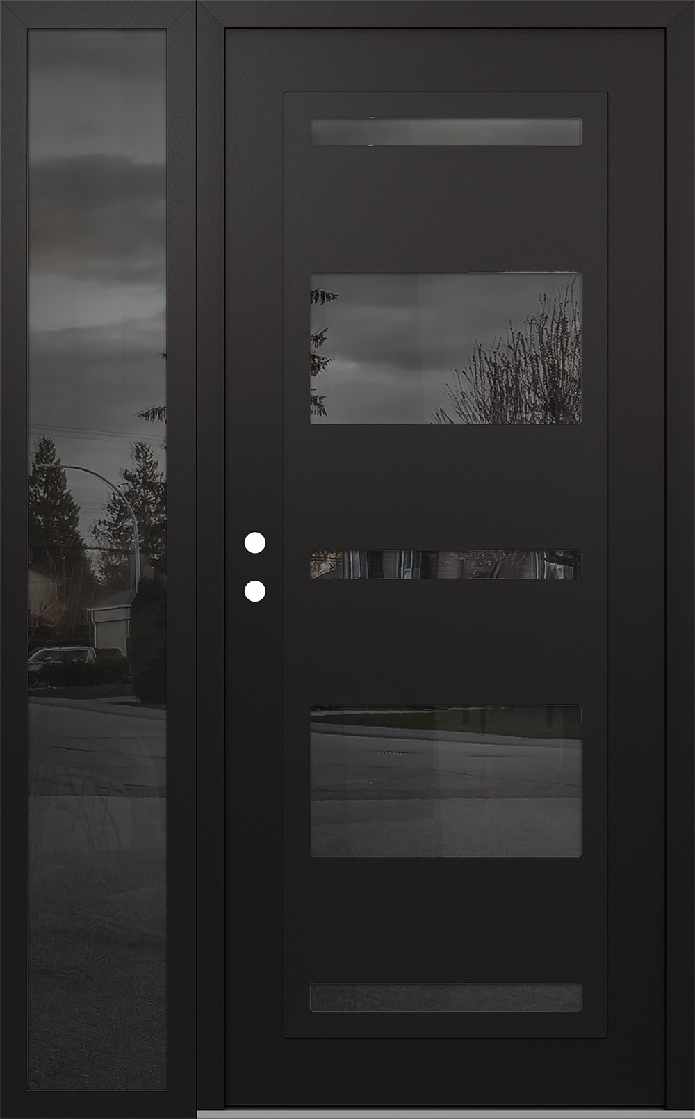 Modern Steel Front Door Diamond C10 52" x 80" black/black mirrored Glass Panel black RHI with Sidelite mirrored Glass