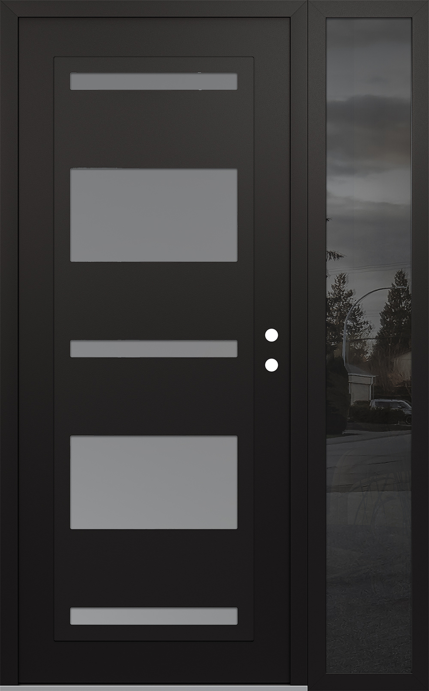 Modern Steel Front Door Diamond C10 52" x 80" black/white frosted Glass Panel black LHI with Sidelite mirrored Glass