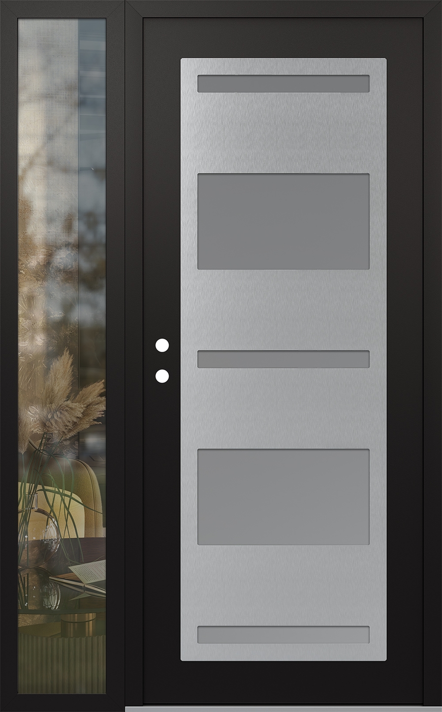 Modern Steel Front Door Diamond C10 52" x 80" black/white frosted Glass Panel stainless steel RHI with Sidelite clear Glass