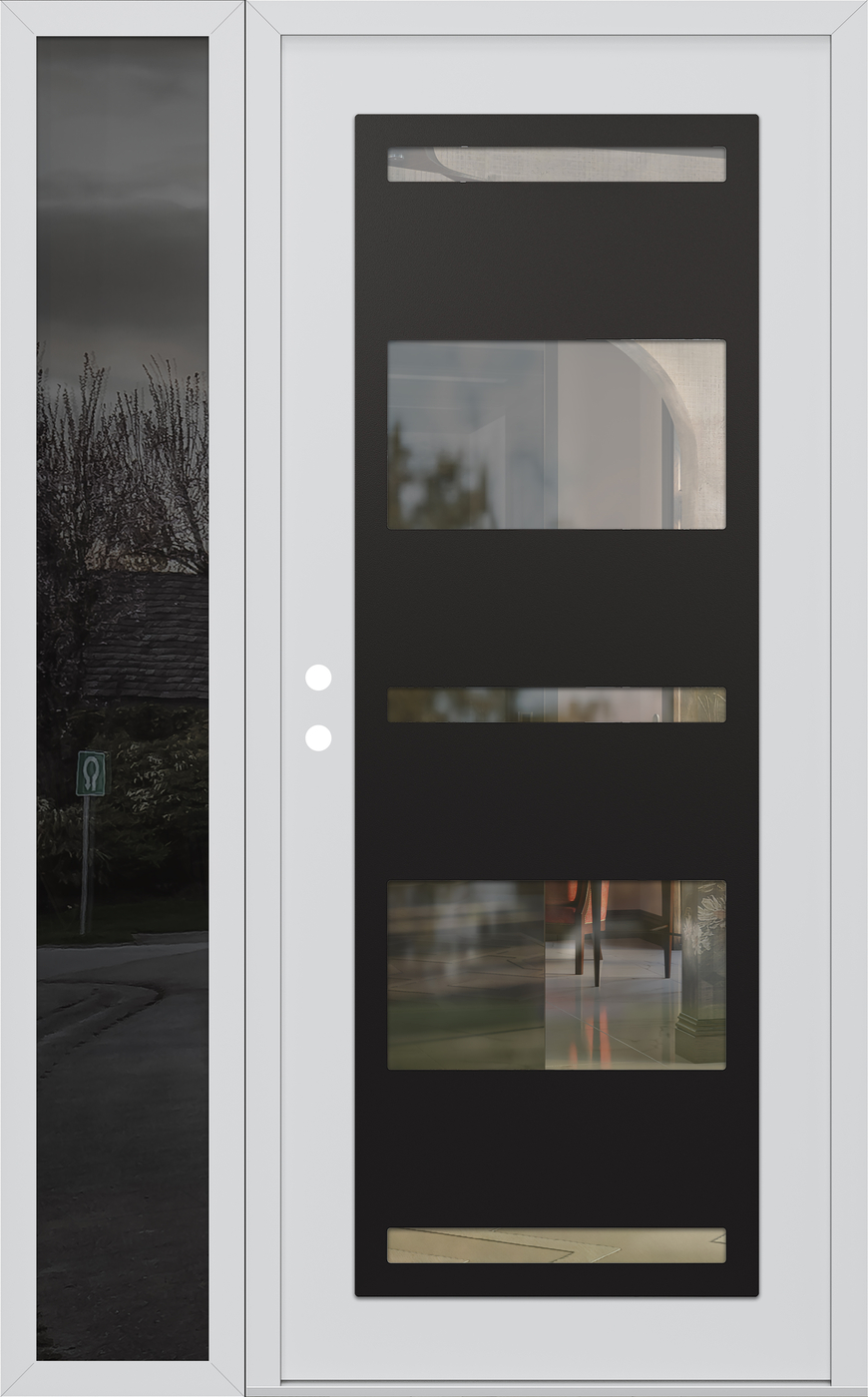 Modern Steel Front Door Diamond C10 52" x 80" white/white clear Glass Panel black RHI with Sidelite mirrored Glass