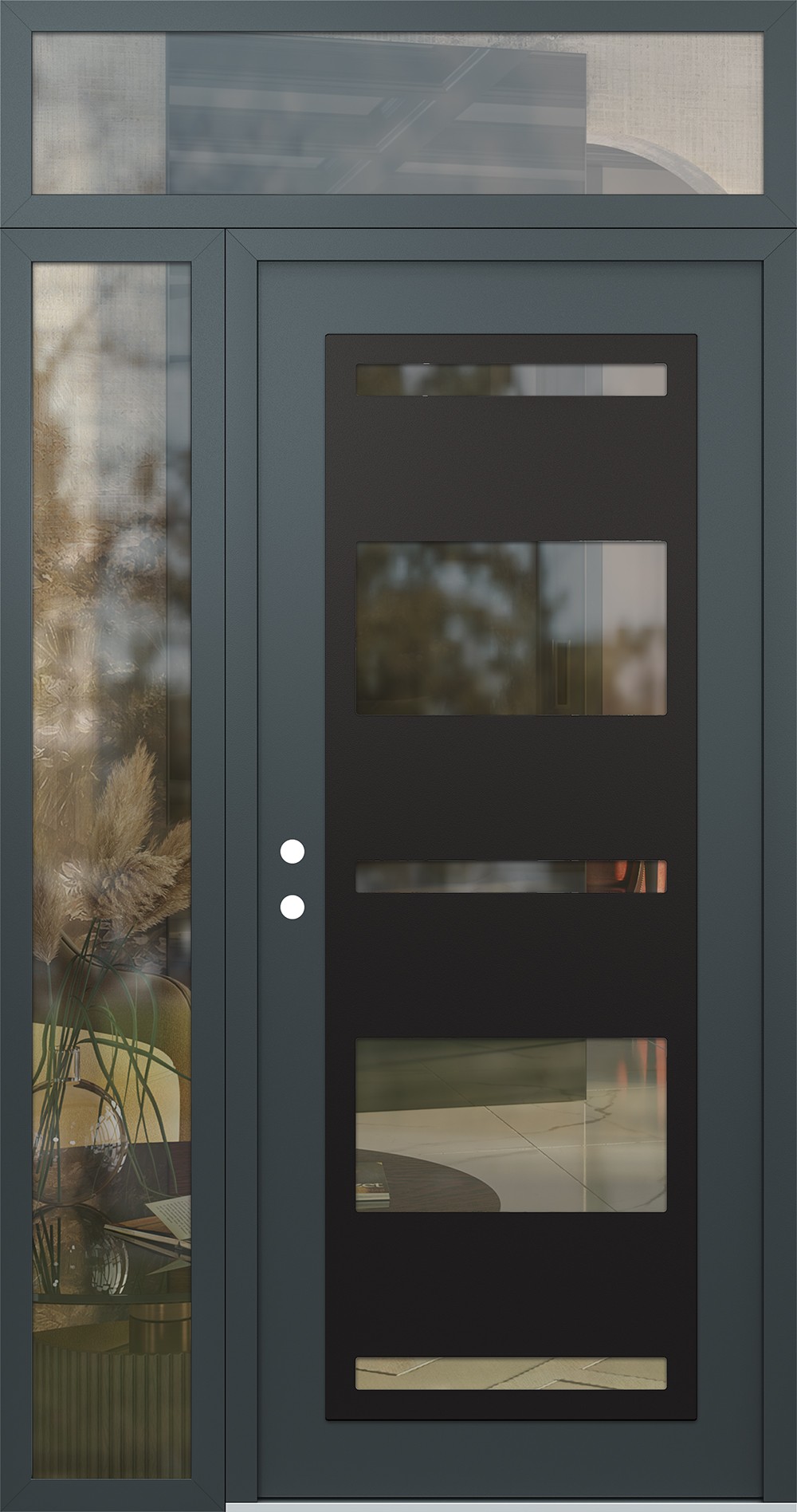 Modern Steel Front Door Diamond C10 52" x 96" anthracite/anthracite clear Glass Panel black RHI with Sidelite and Transom clear Glass