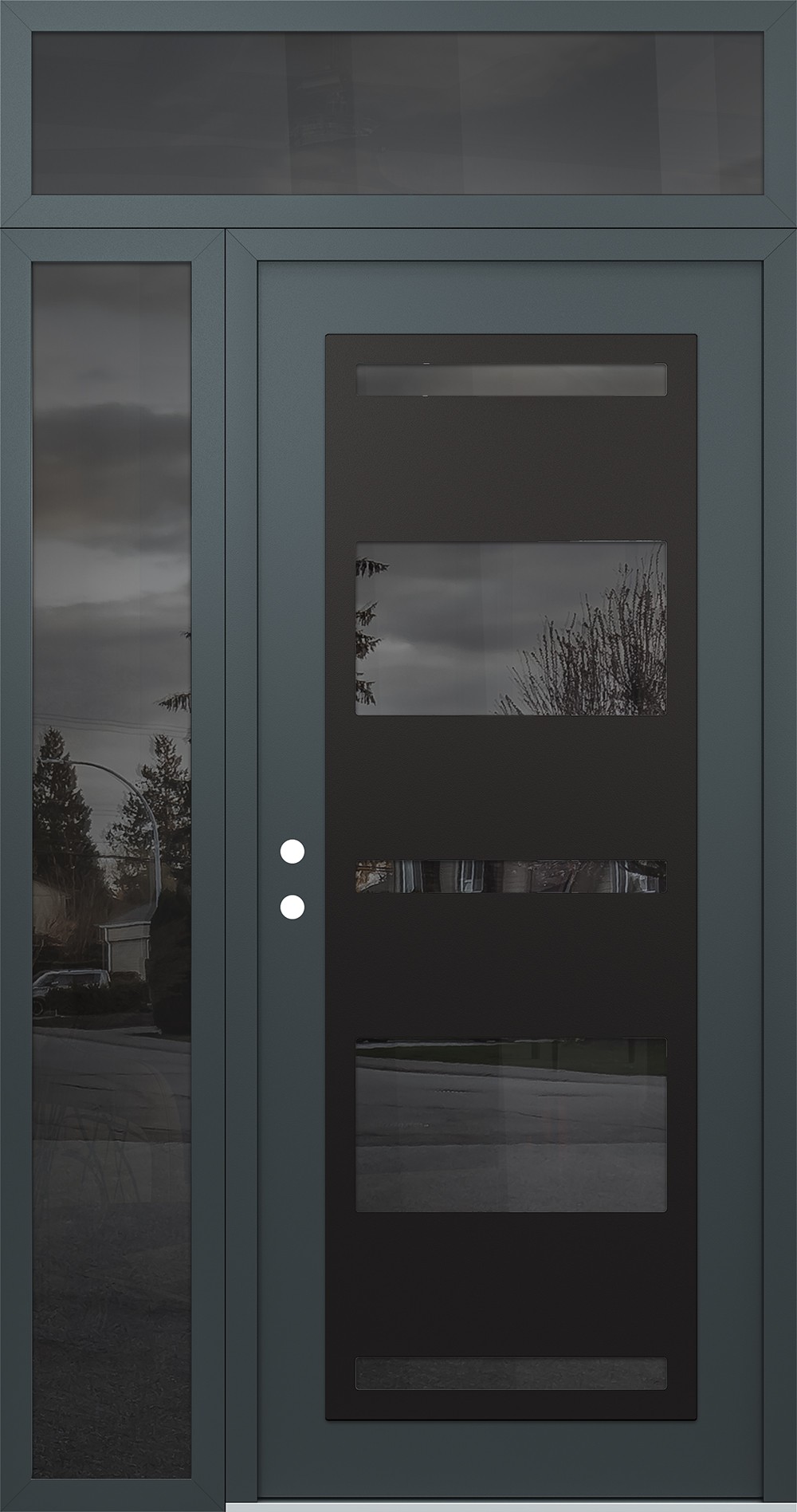 Modern Steel Front Door Diamond C10 52" x 96" anthracite/anthracite mirrored Glass Panel black RHI with Sidelite and Transom mirrored Glass