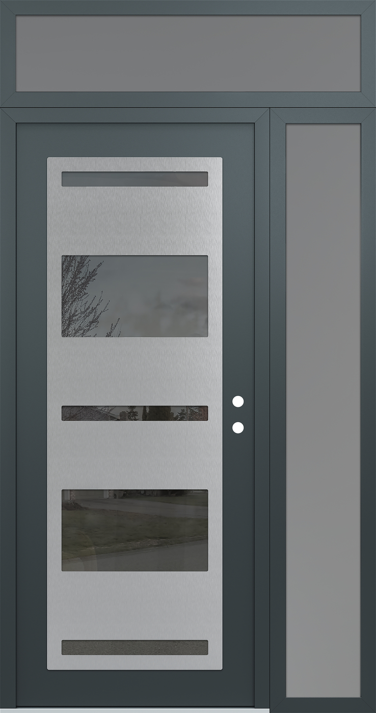 Modern Steel Front Door Diamond C10 52" x 96" anthracite/anthracite mirrored Glass Panel stainless steel LHI with Sidelite and Transom frosted Glass
