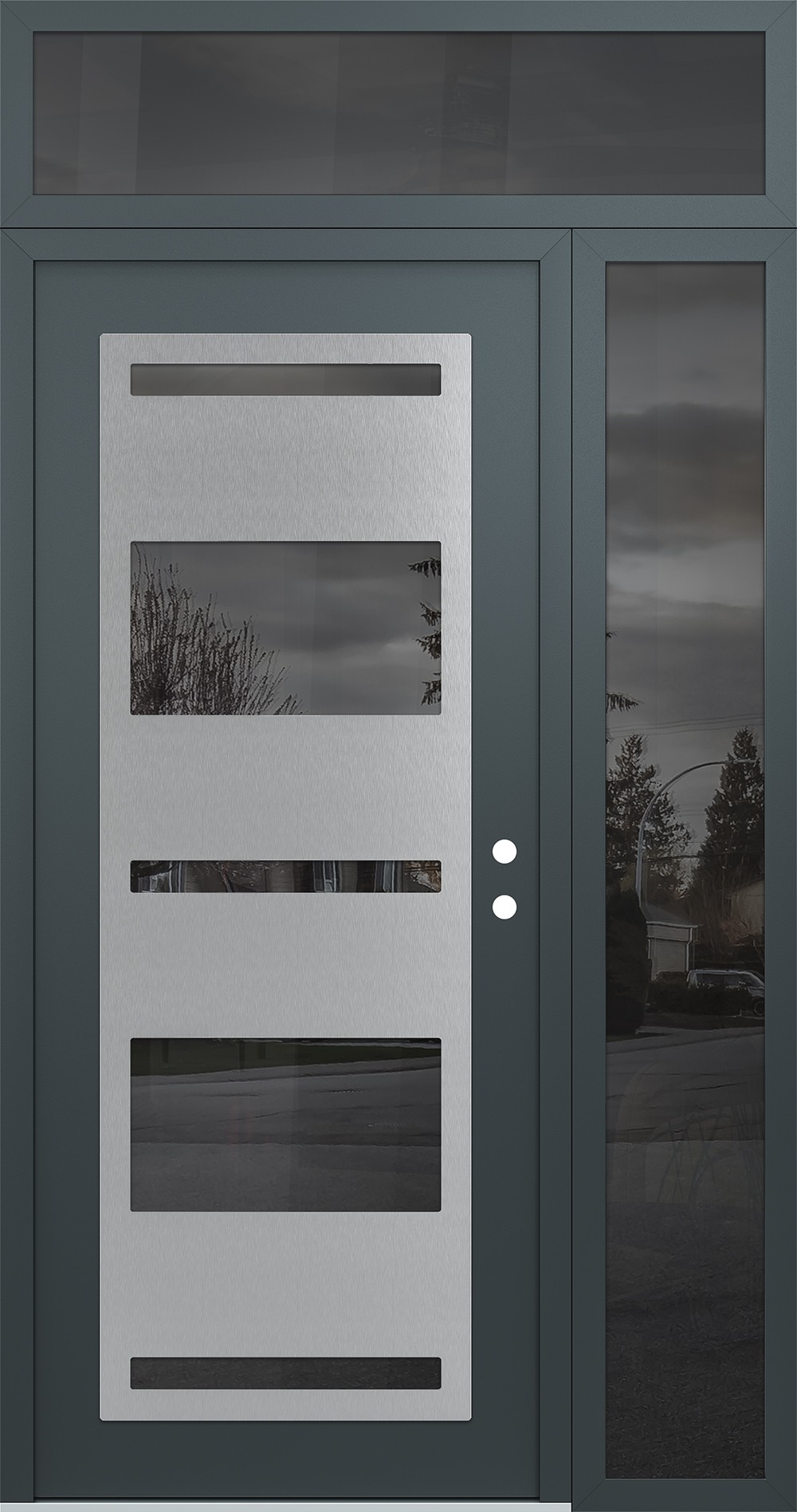 Modern Steel Front Door Diamond C10 52" x 96" anthracite/anthracite mirrored Glass Panel stainless steel LHI with Sidelite and Transom mirrored Glass
