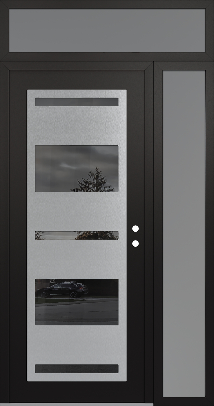 Modern Steel Front Door Diamond C10 52" x 96" black/black mirrored Glass Panel stainless steel LHI with Sidelite and Transom frosted Glass