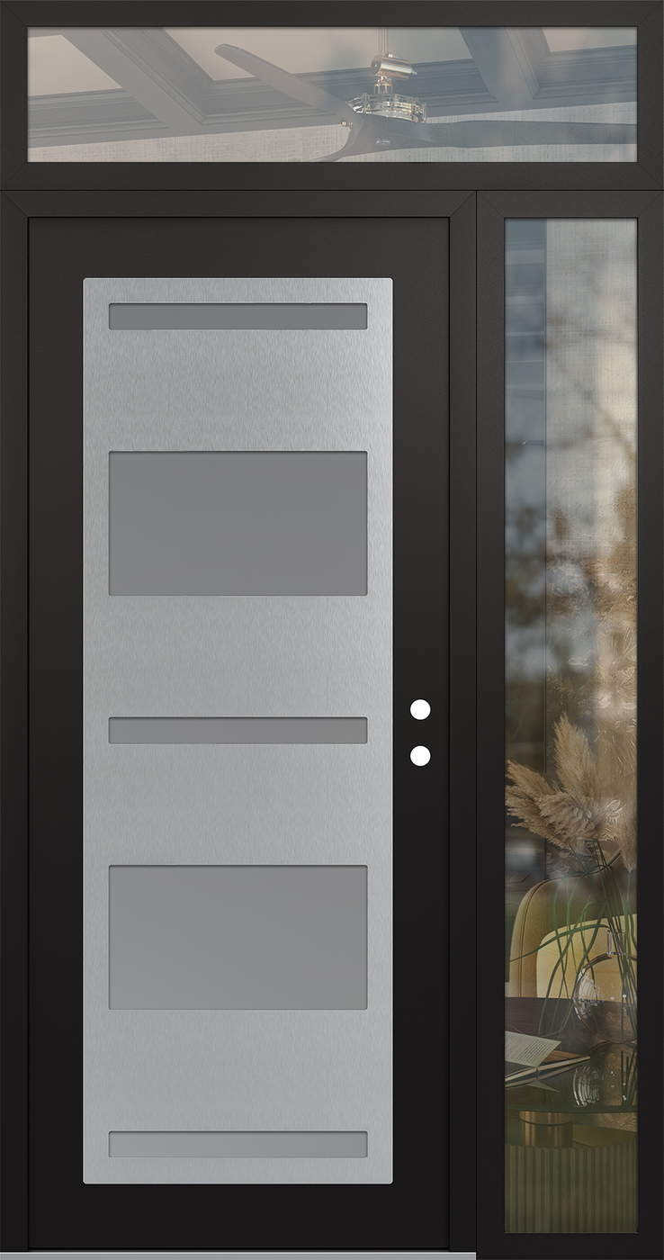 Modern Steel Front Door Diamond C10 52" x 96" black/white frosted Glass Panel stainless steel LHI with Sidelite and Transom clear Glass