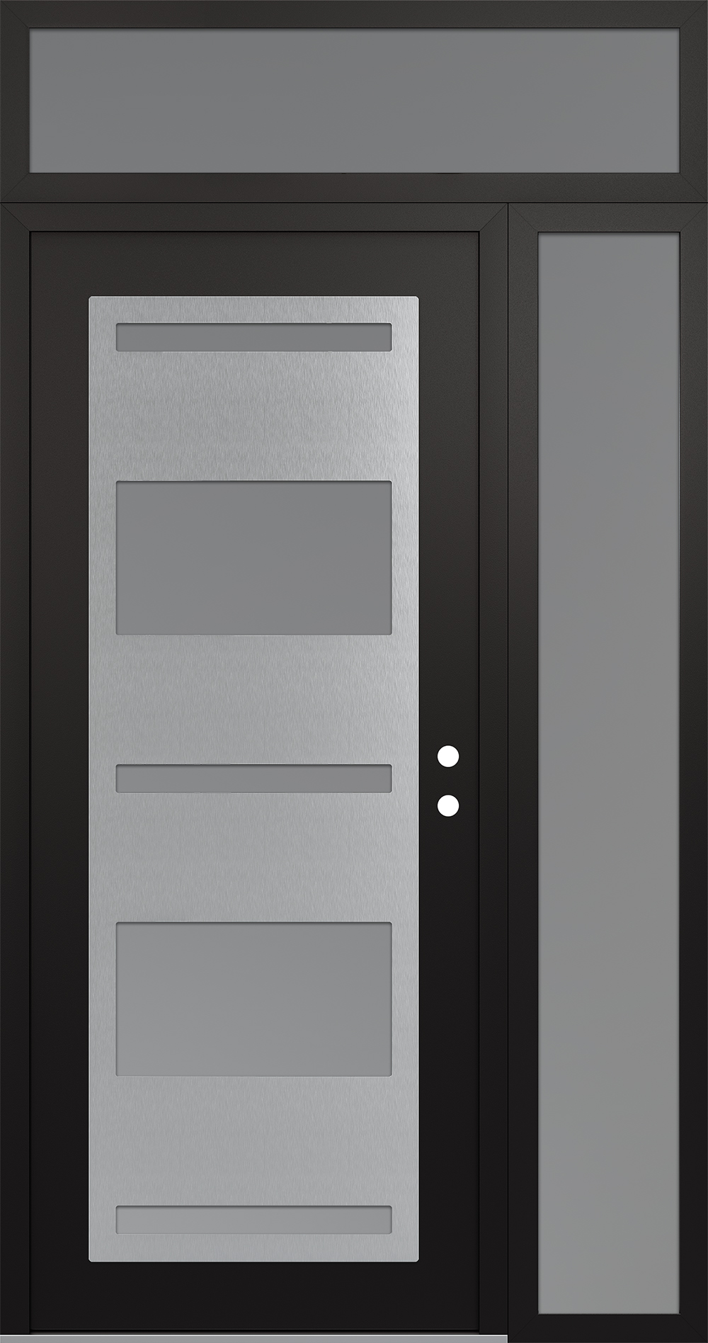 Modern Steel Front Door Diamond C10 52" x 96" black/white frosted Glass Panel stainless steel LHI with Sidelite and Transom frosted Glass