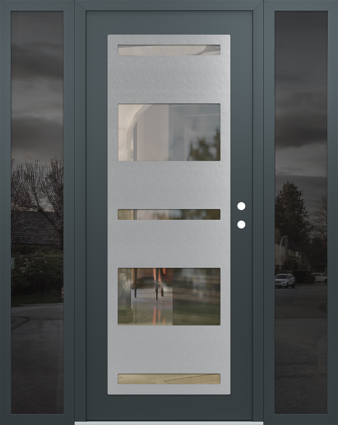 Modern Steel Front Door Diamond C10 60" x 80" anthracite/anthracite clear Glass Panel stainless steel LHI with 2 Sidelites mirrored Glass
