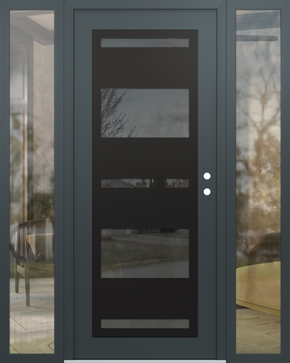 Modern Steel Front Door Diamond C10 60" x 80" anthracite/anthracite mirrored Glass Panel black LHI with 2 Sidelites clear Glass