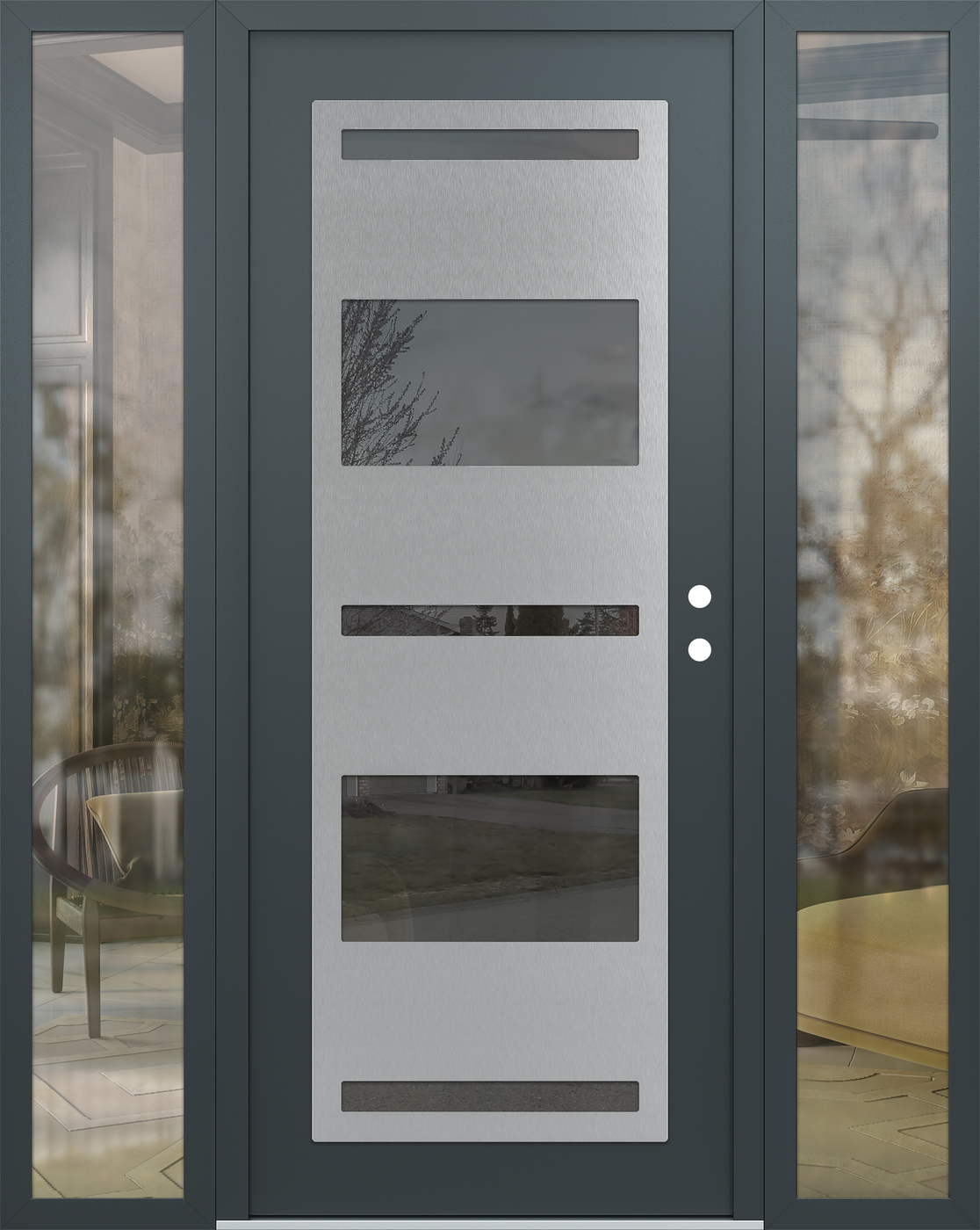 Modern Steel Front Door Diamond C10 60" x 80" anthracite/anthracite mirrored Glass Panel stainless steel LHI with 2 Sidelites clear Glass
