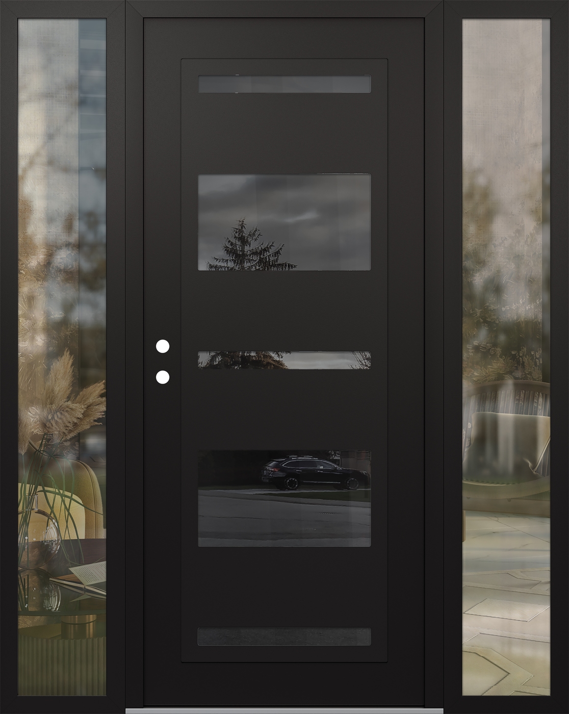 Modern Steel Front Door Diamond C10 60" x 80" black/black mirrored Glass Panel black RHI with 2 Sidelites clear Glass