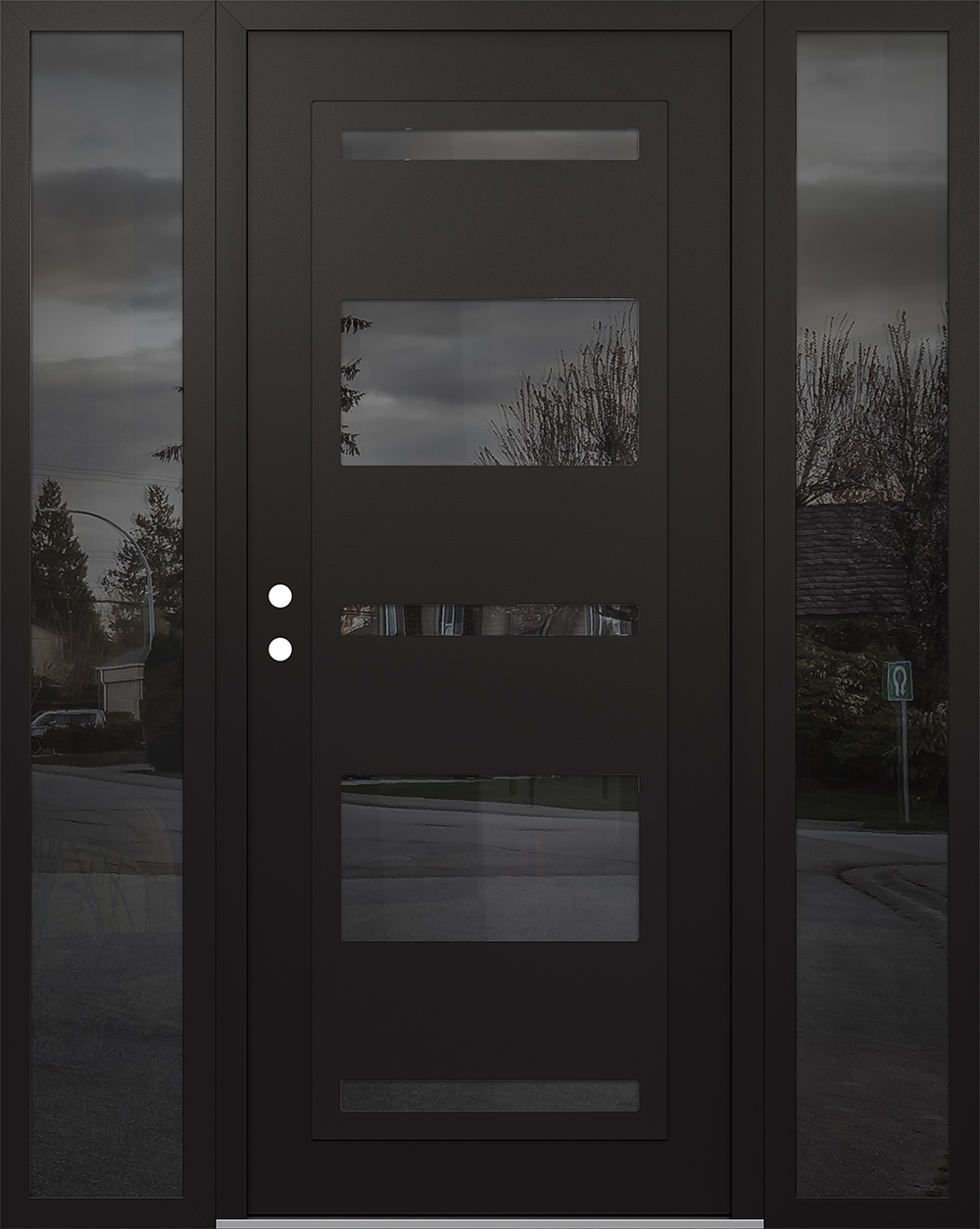 Modern Steel Front Door Diamond C10 60" x 80" black/black mirrored Glass Panel black RHI with 2 Sidelites mirrored Glass