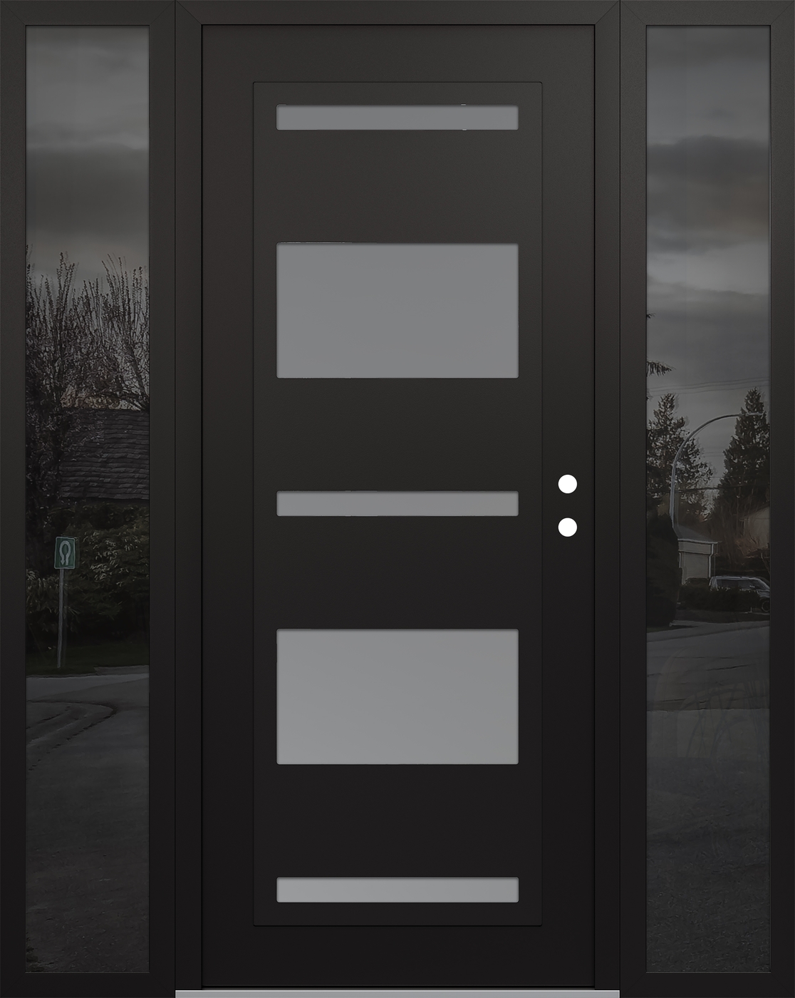 Modern Steel Front Door Diamond C10 60" x 80" black/white frosted Glass Panel black LHI with 2 Sidelites mirrored Glass