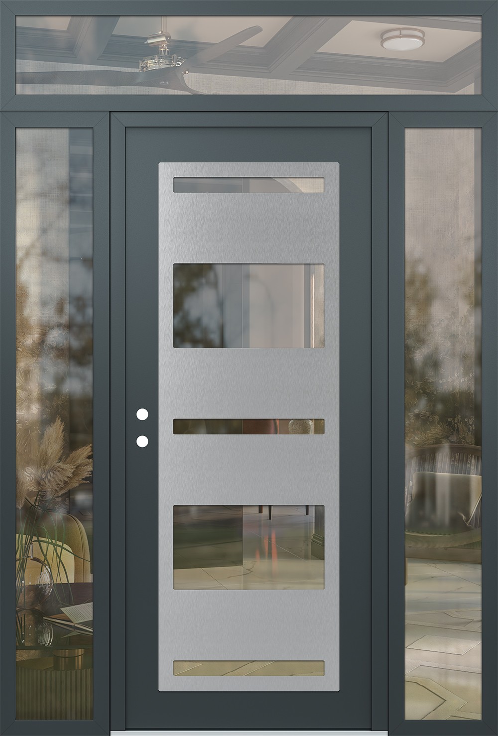 Modern Steel Front Door Diamond C10 60" x 96" anthracite/anthracite clear Glass Panel stainless steel RHI with 2 Sidelites and Transom clear Glass