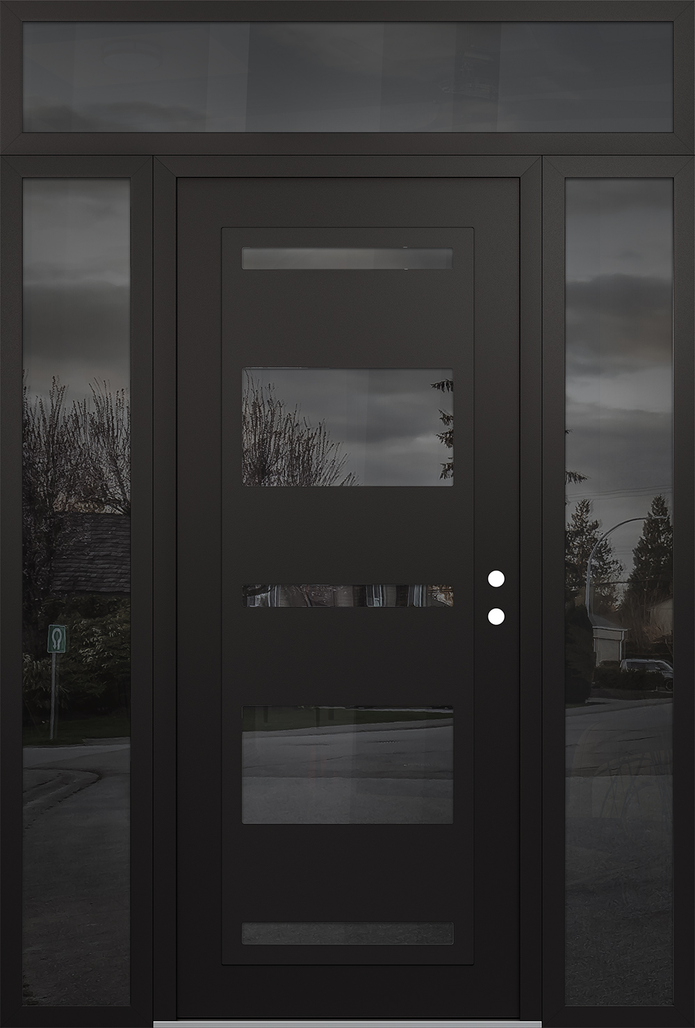 Modern Steel Front Door Diamond C10 60" x 96" black/black mirrored Glass Panel black LHI with 2 Sidelites and Transom mirrored Glass