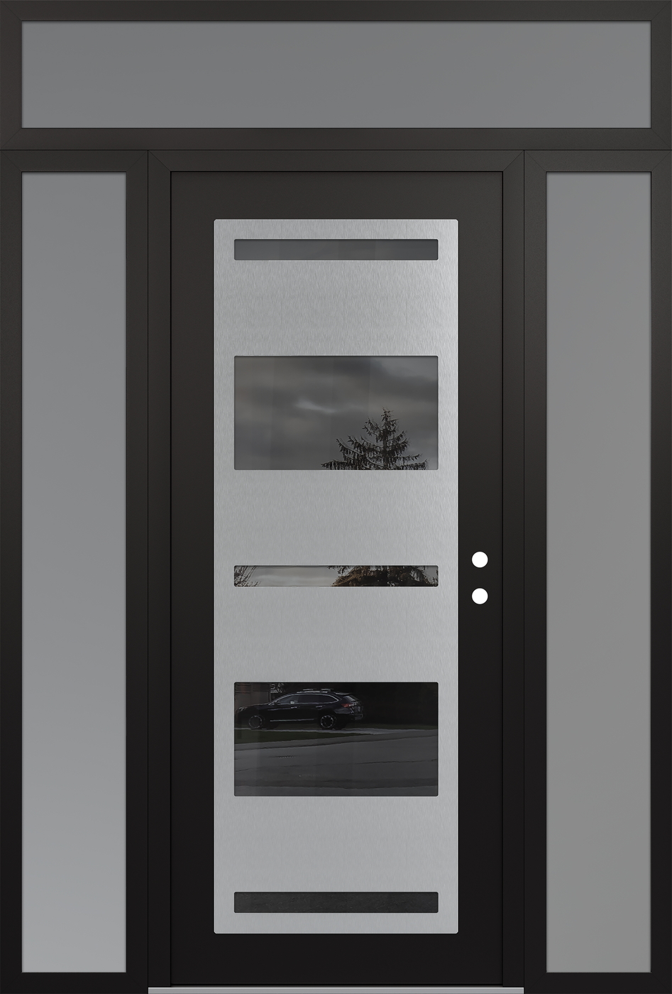Modern Steel Front Door Diamond C10 60" x 96" black/black mirrored Glass Panel stainless steel LHI with 2 Sidelites and Transom frosted Glass