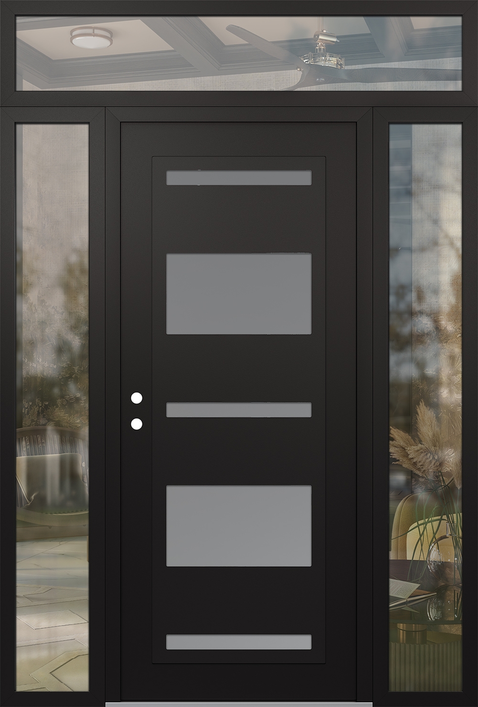 Modern Steel Front Door Diamond C10 60" x 96" black/white frosted Glass Panel black RHI with 2 Sidelites and Transom clear Glass