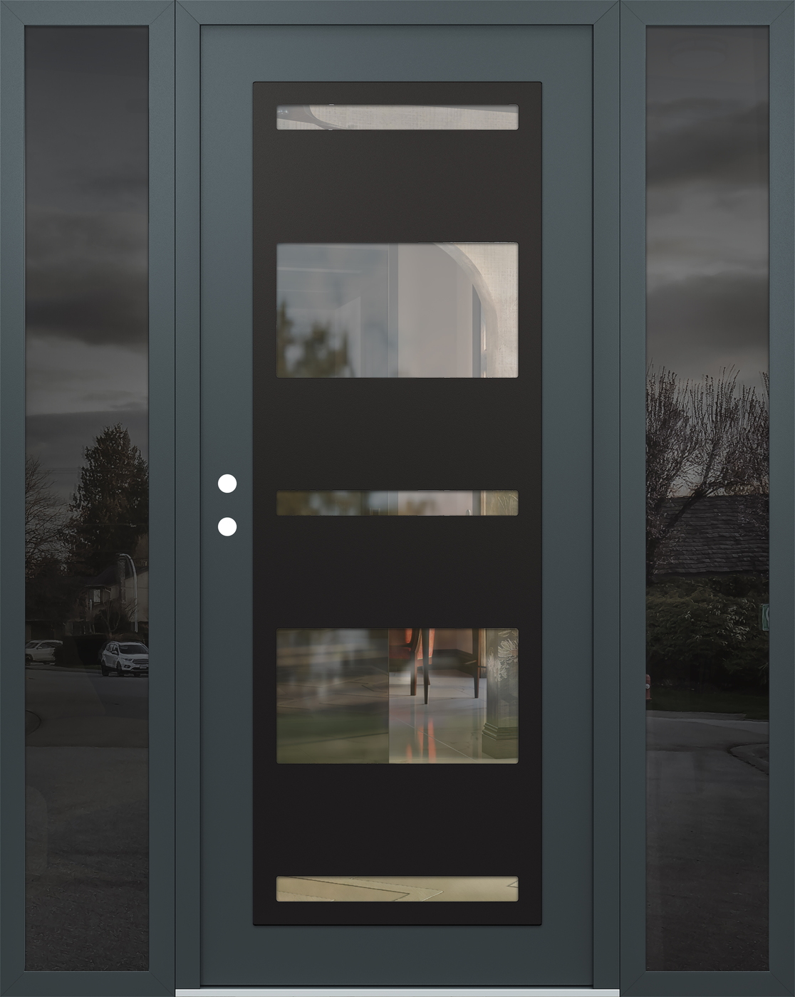 Modern Steel Front Door Diamond C10 64" x 80" anthracite/anthracite clear Glass Panel black RHI with 2 Sidelites mirrored Glass