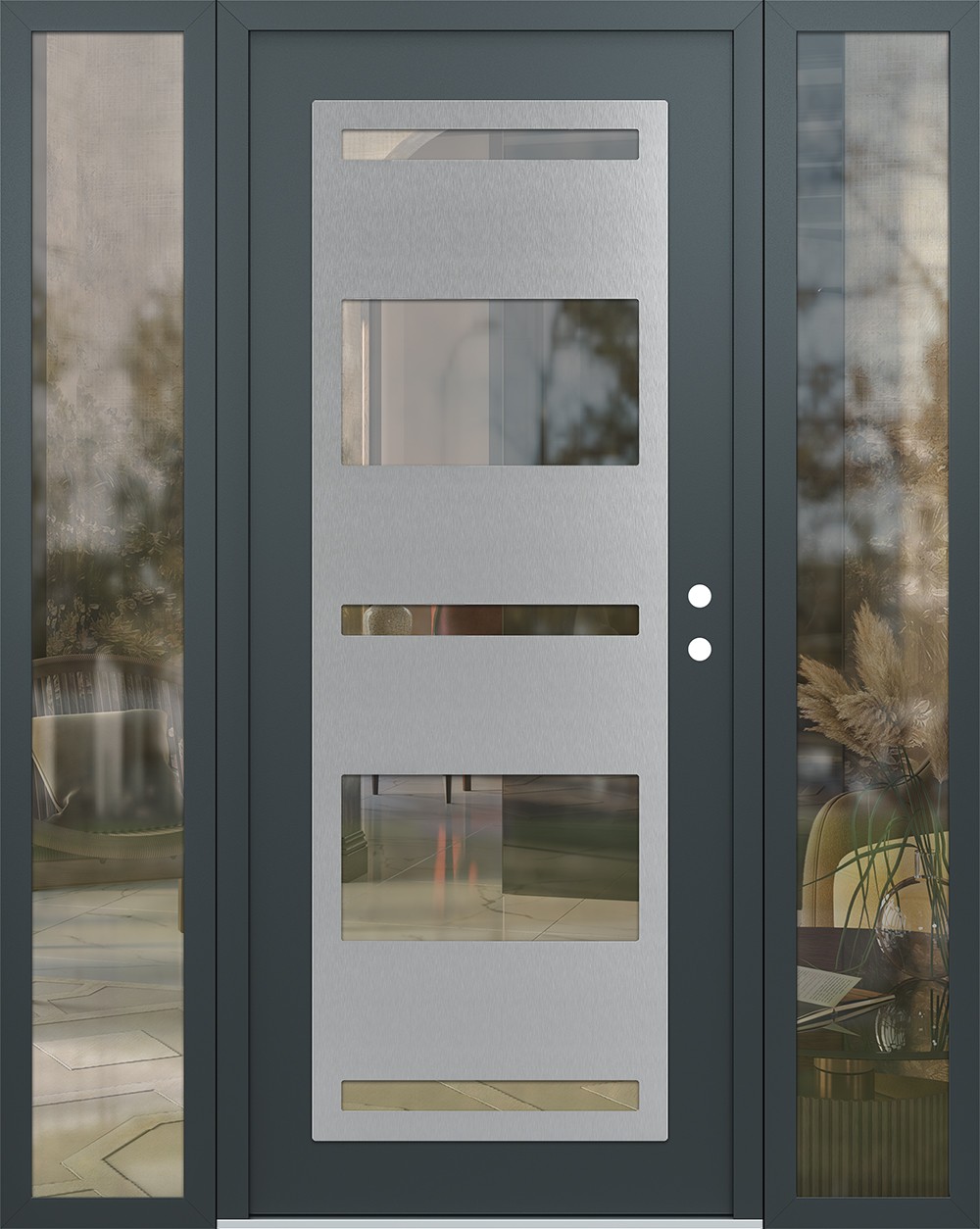 Modern Steel Front Door Diamond C10 64" x 80" anthracite/anthracite clear Glass Panel stainless steel LHI with 2 Sidelites clear Glass