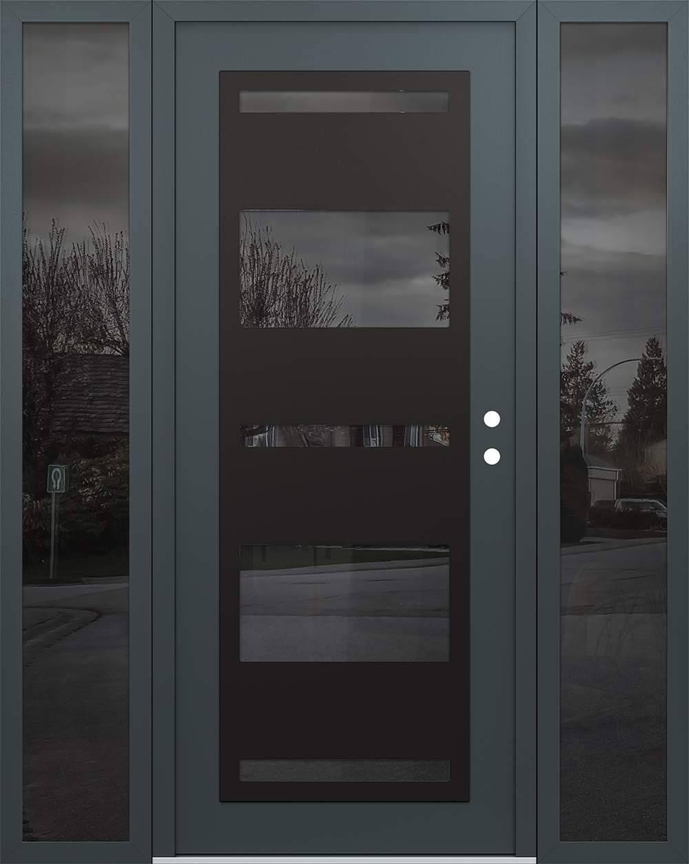 Modern Steel Front Door Diamond C10 64" x 80" anthracite/anthracite mirrored Glass Panel black LHI with 2 Sidelites mirrored Glass