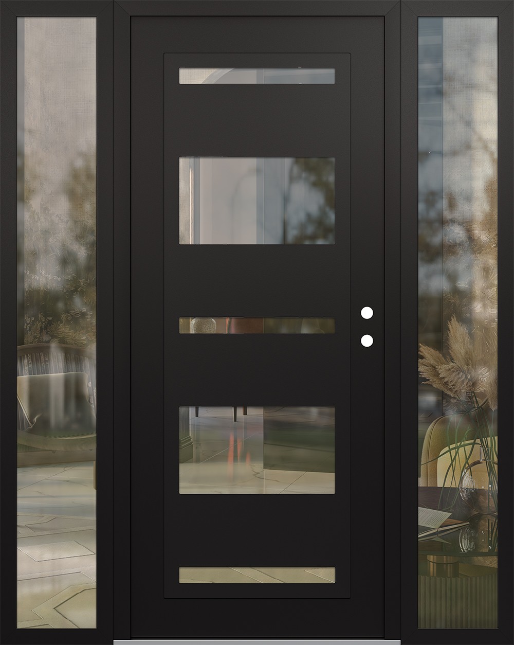 Modern Steel Front Door Diamond C10 64" x 80" black/black clear Glass Panel black LHI with 2 Sidelites clear Glass