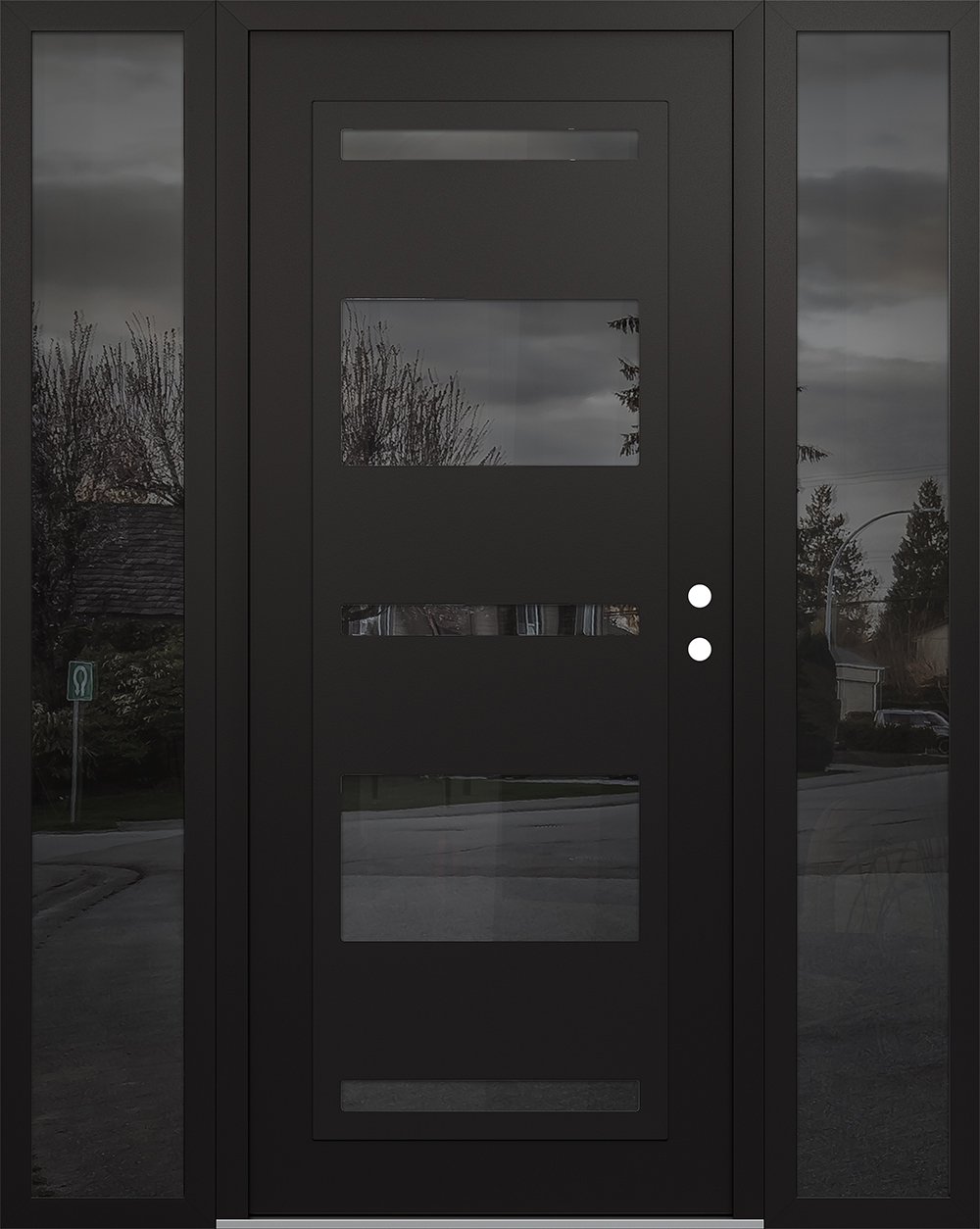 Modern Steel Front Door Diamond C10 64" x 80" black/black mirrored Glass Panel black LHI with 2 Sidelites mirrored Glass