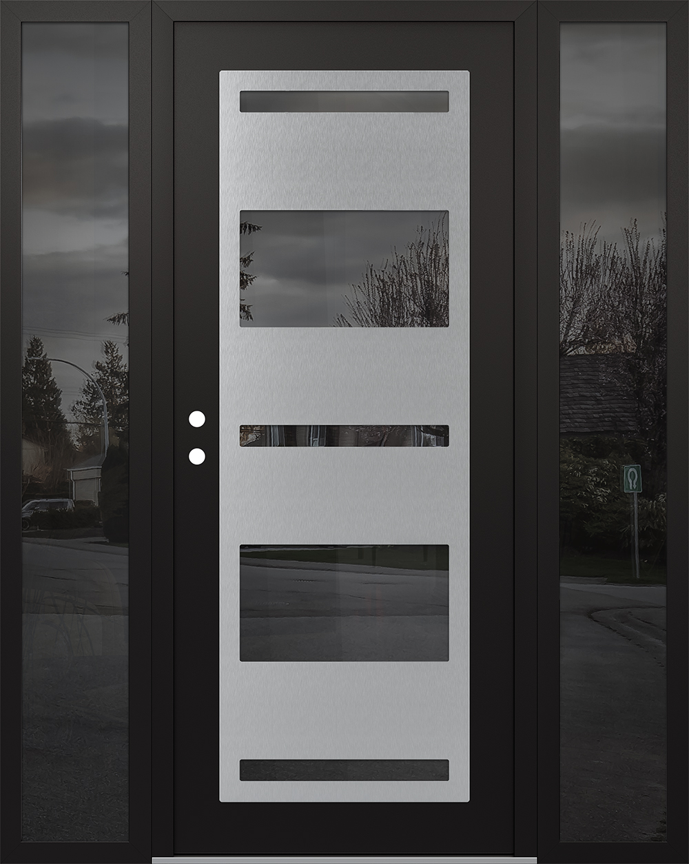 Modern Steel Front Door Diamond C10 64" x 80" black/black mirrored Glass Panel stainless steel RHI with 2 Sidelites mirrored Glass