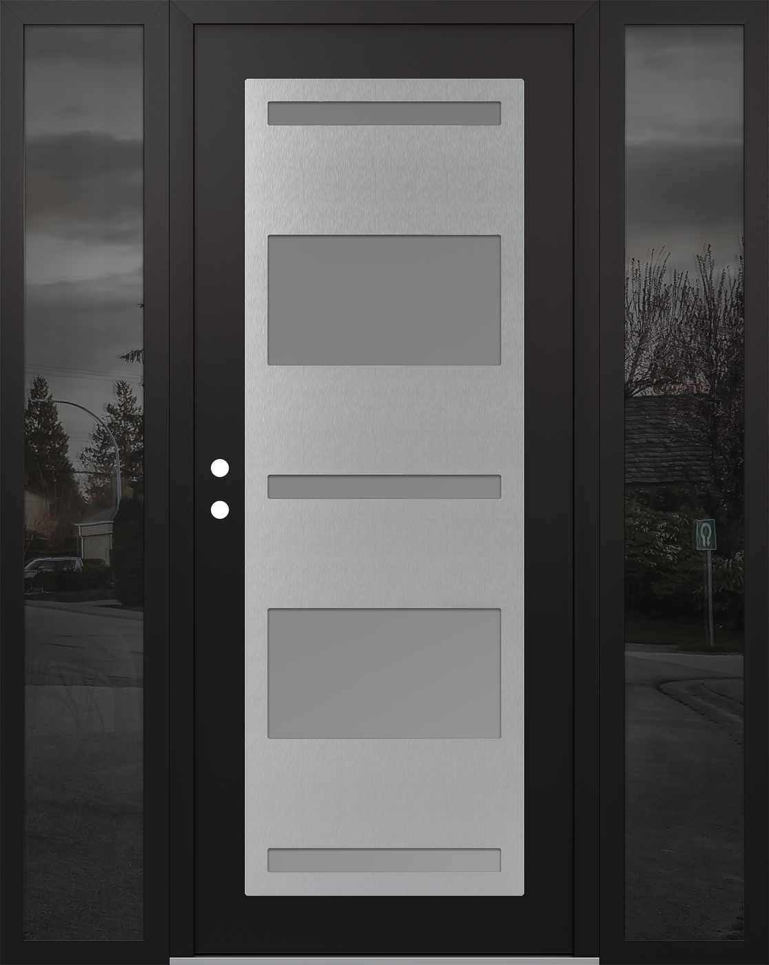 Modern Steel Front Door Diamond C10 64" x 80" black/white frosted Glass Panel stainless steel RHI with 2 Sidelites mirrored Glass