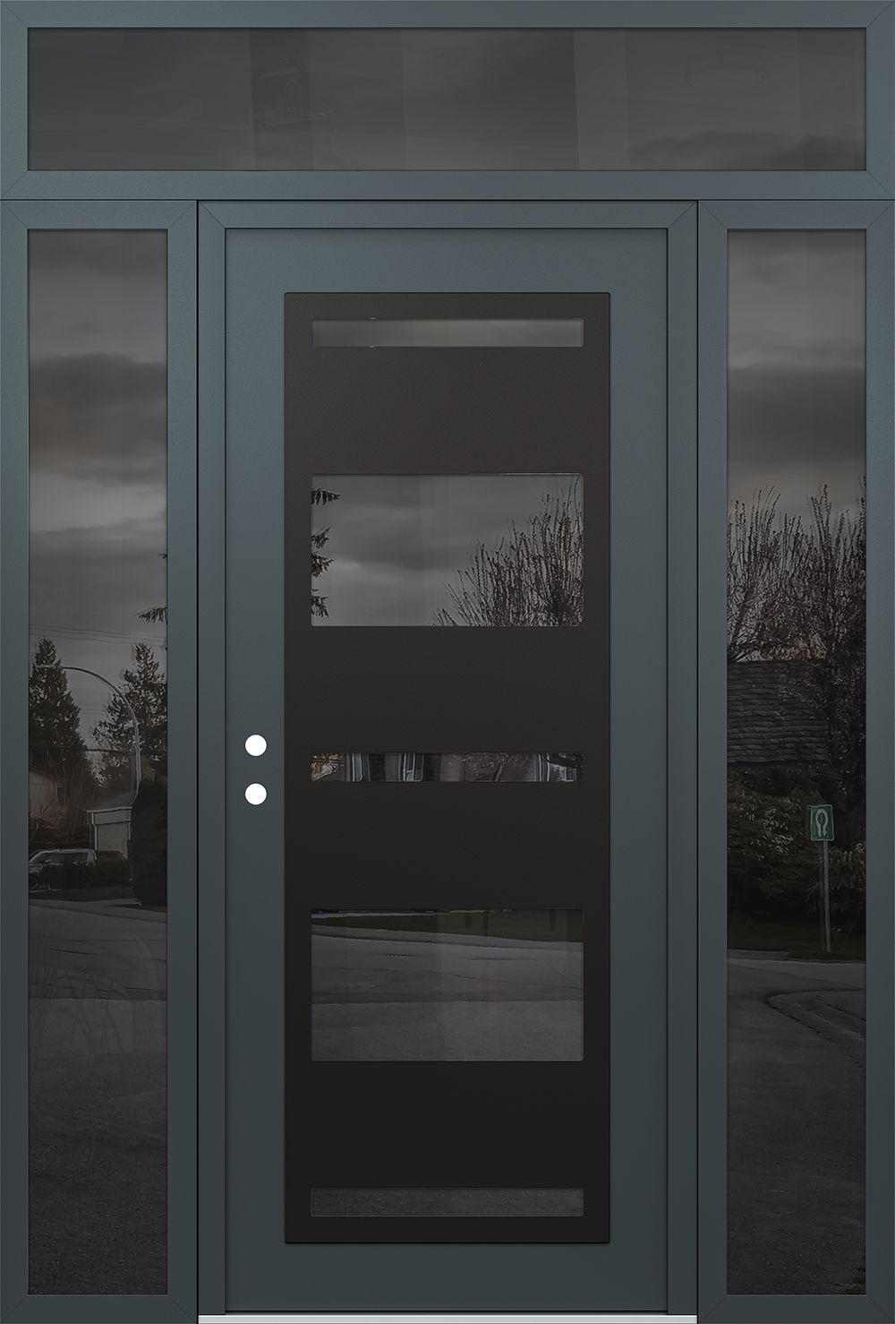 Modern Steel Front Door Diamond C10 64" x 96" anthracite/anthracite mirrored Glass Panel black RHI with 2 Sidelites and Transom mirrored Glass