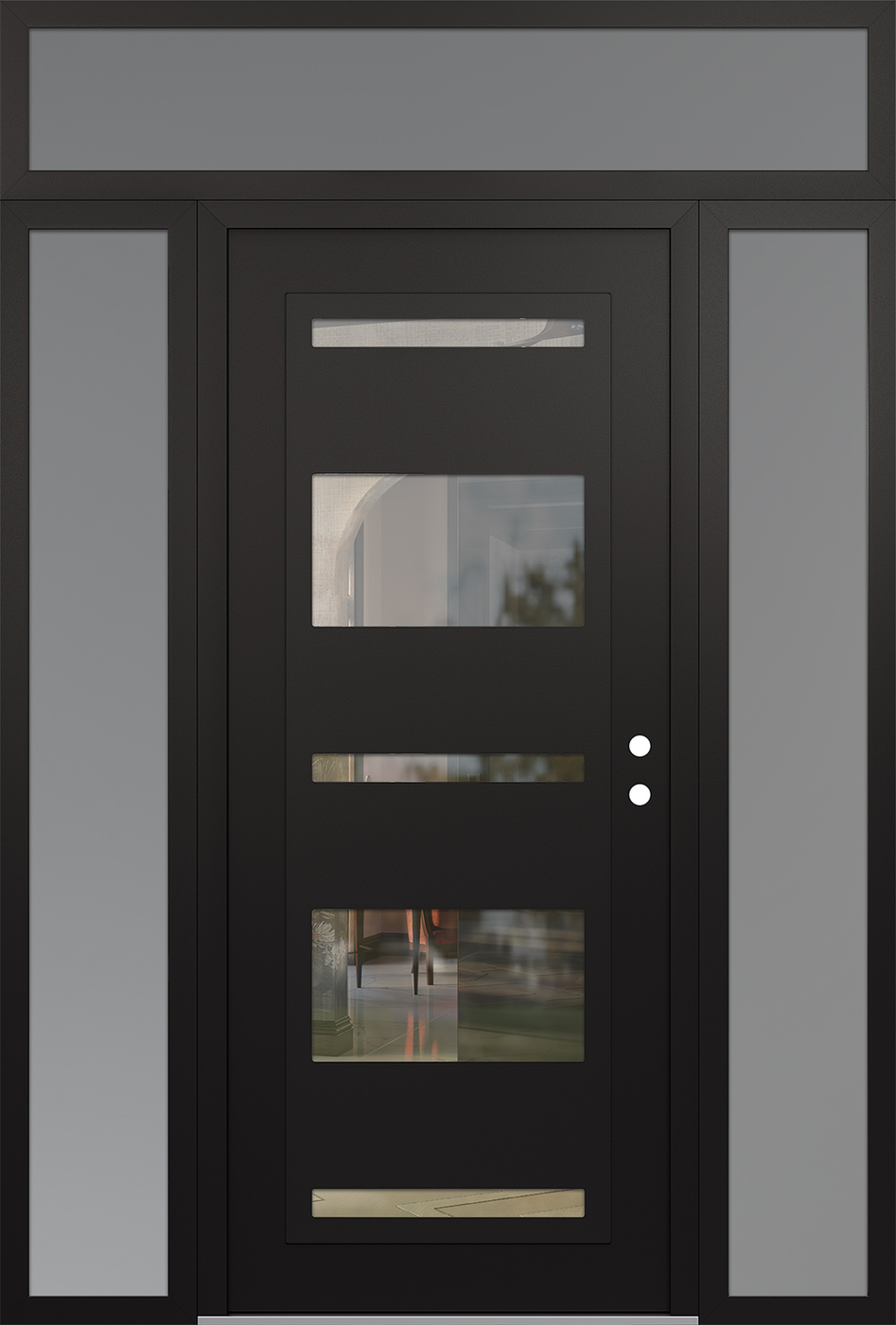 Modern Steel Front Door Diamond C10 64" x 96" black/black clear Glass Panel black LHI with 2 Sidelites and Transom frosted Glass