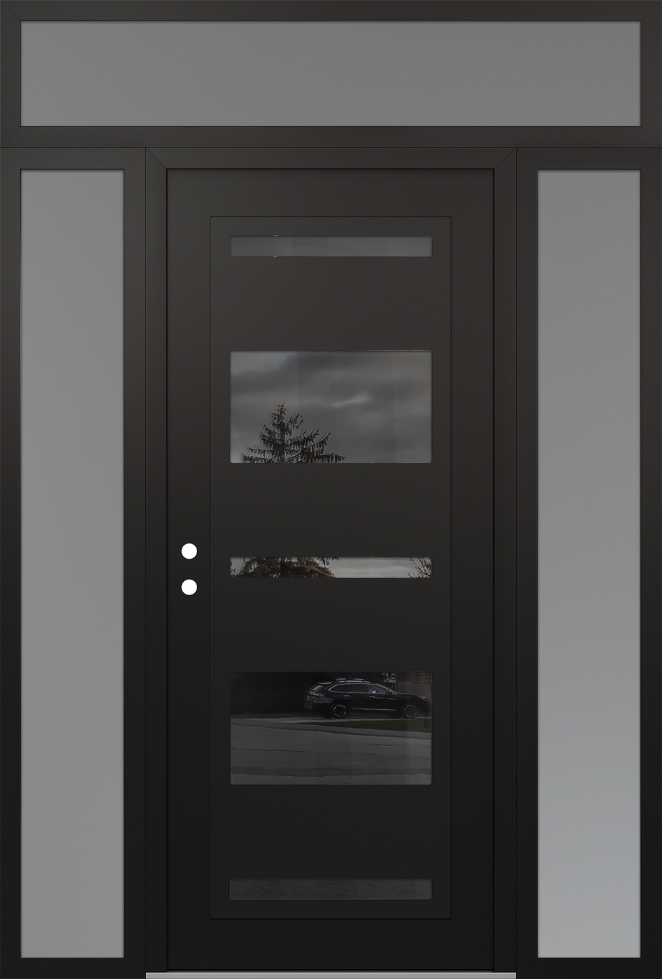 Modern Steel Front Door Diamond C10 64" x 96" black/black mirrored Glass Panel black RHI with 2 Sidelites and Transom frosted Glass
