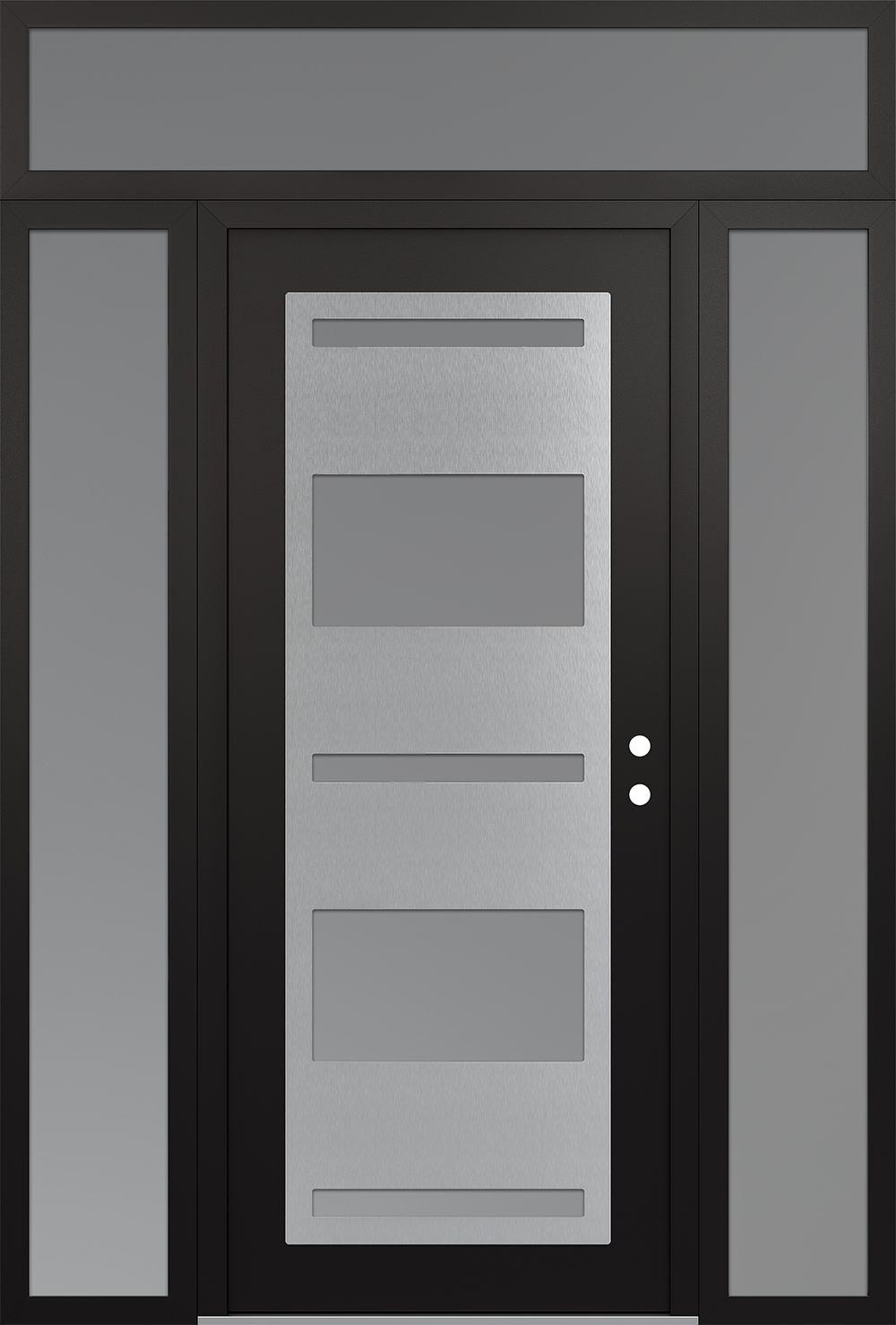 Modern Steel Front Door Diamond C10 64" x 96" black/white frosted Glass Panel stainless steel LHI with 2 Sidelites and Transom frosted Glass
