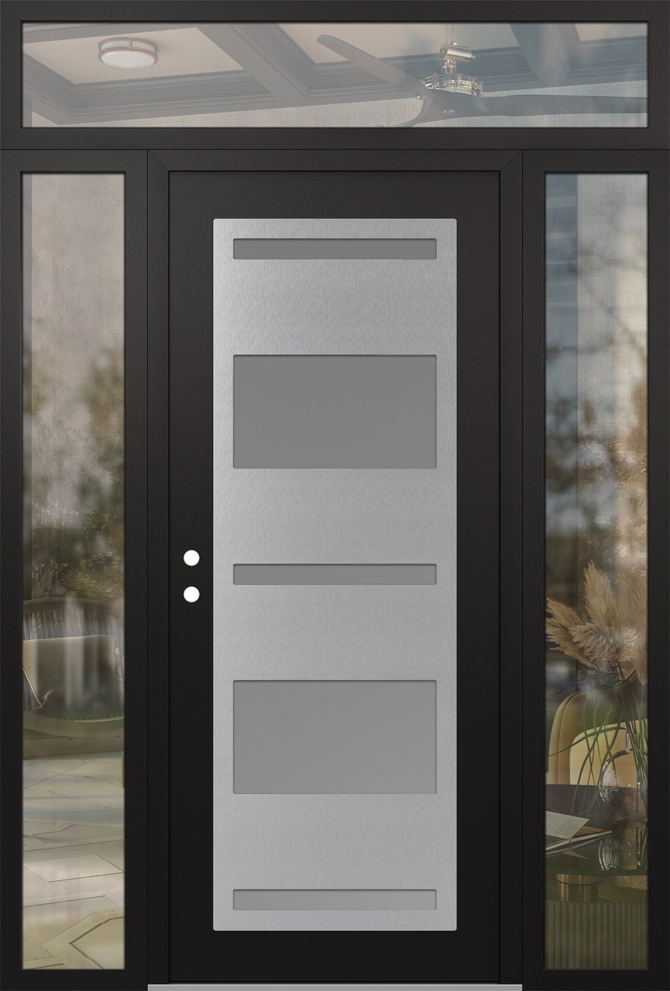 Modern Steel Front Door Diamond C10 64" x 96" black/white frosted Glass Panel stainless steel RHI with 2 Sidelites and Transom clear Glass