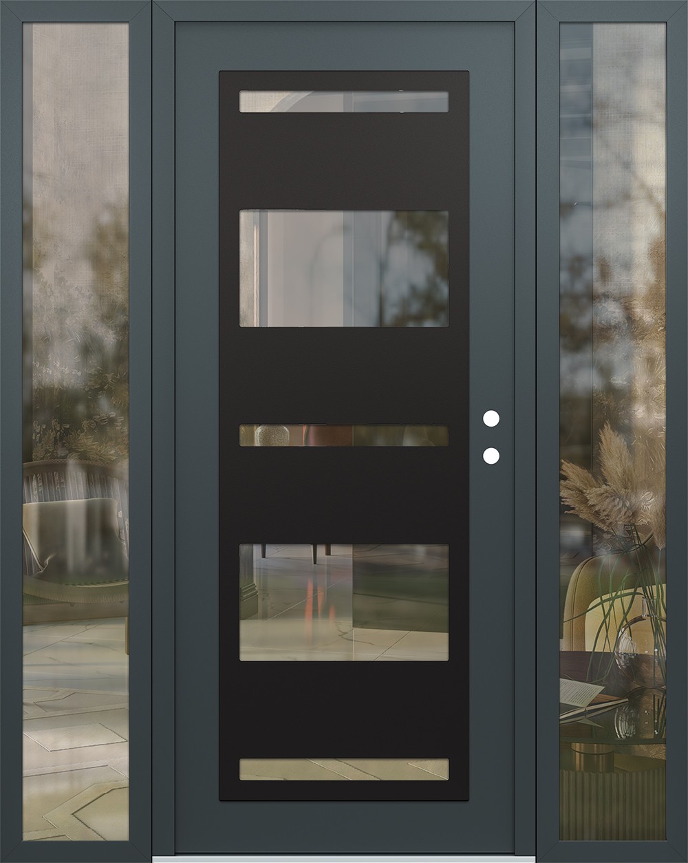 Modern Steel Front Door Diamond C10 68" x 80" anthracite/anthracite clear Glass Panel black LHI with 2 Sidelites clear Glass