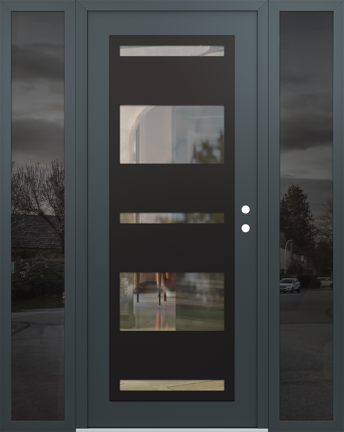 Modern Steel Front Door Diamond C10 68" x 80" anthracite/anthracite clear Glass Panel black LHI with 2 Sidelites mirrored Glass