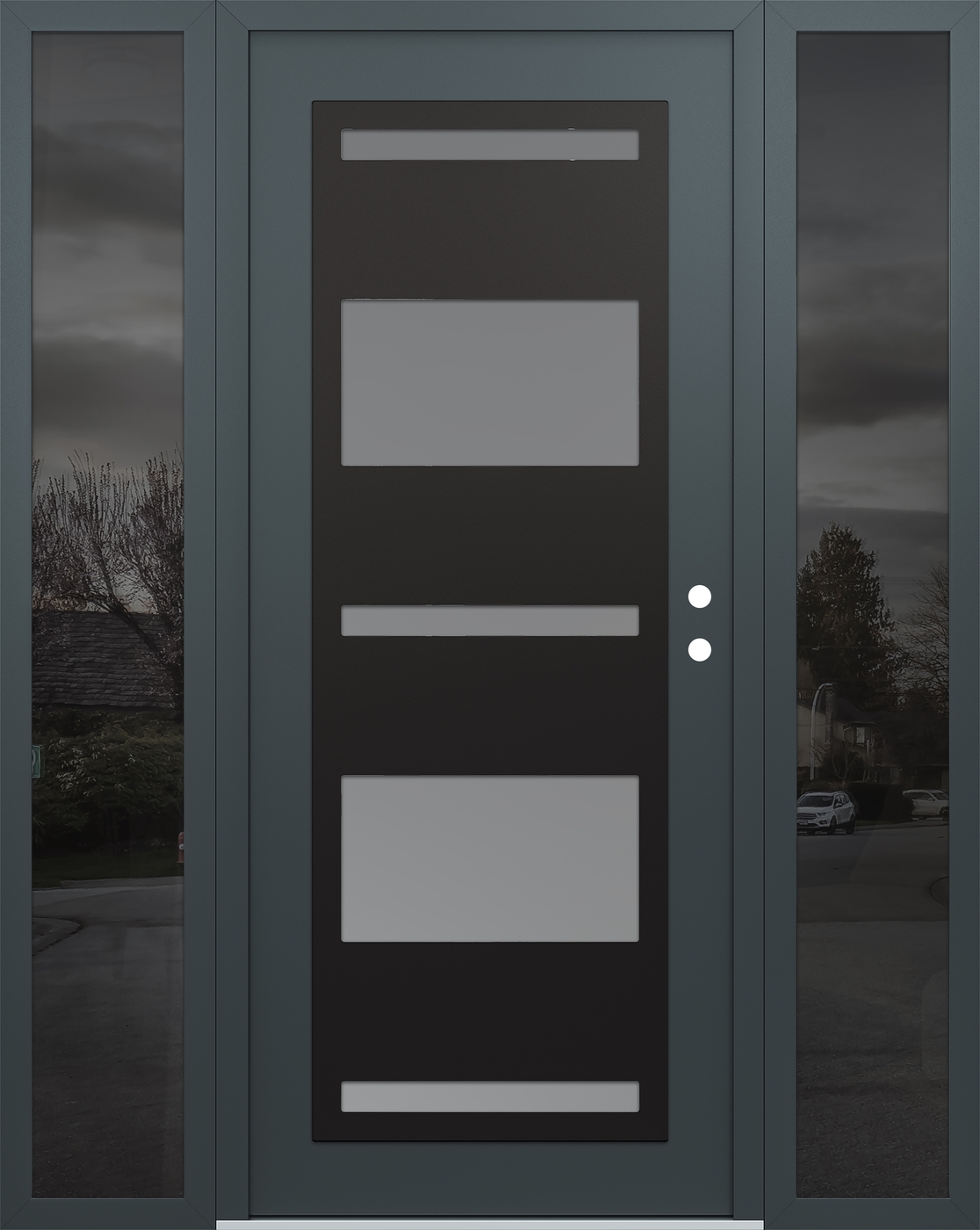 Modern Steel Front Door Diamond C10 68" x 80" anthracite/anthracite frosted Glass Panel black LHI with 2 Sidelites mirrored Glass