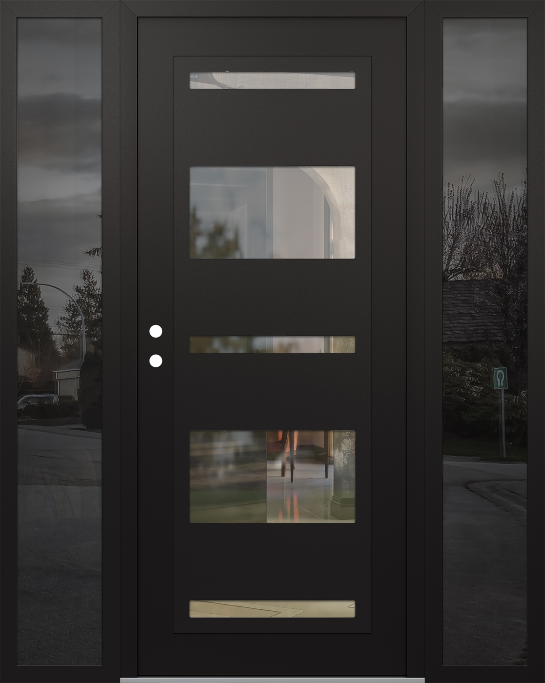 Modern Steel Front Door Diamond C10 68" x 80" black/black clear Glass Panel black RHI with 2 Sidelites mirrored Glass