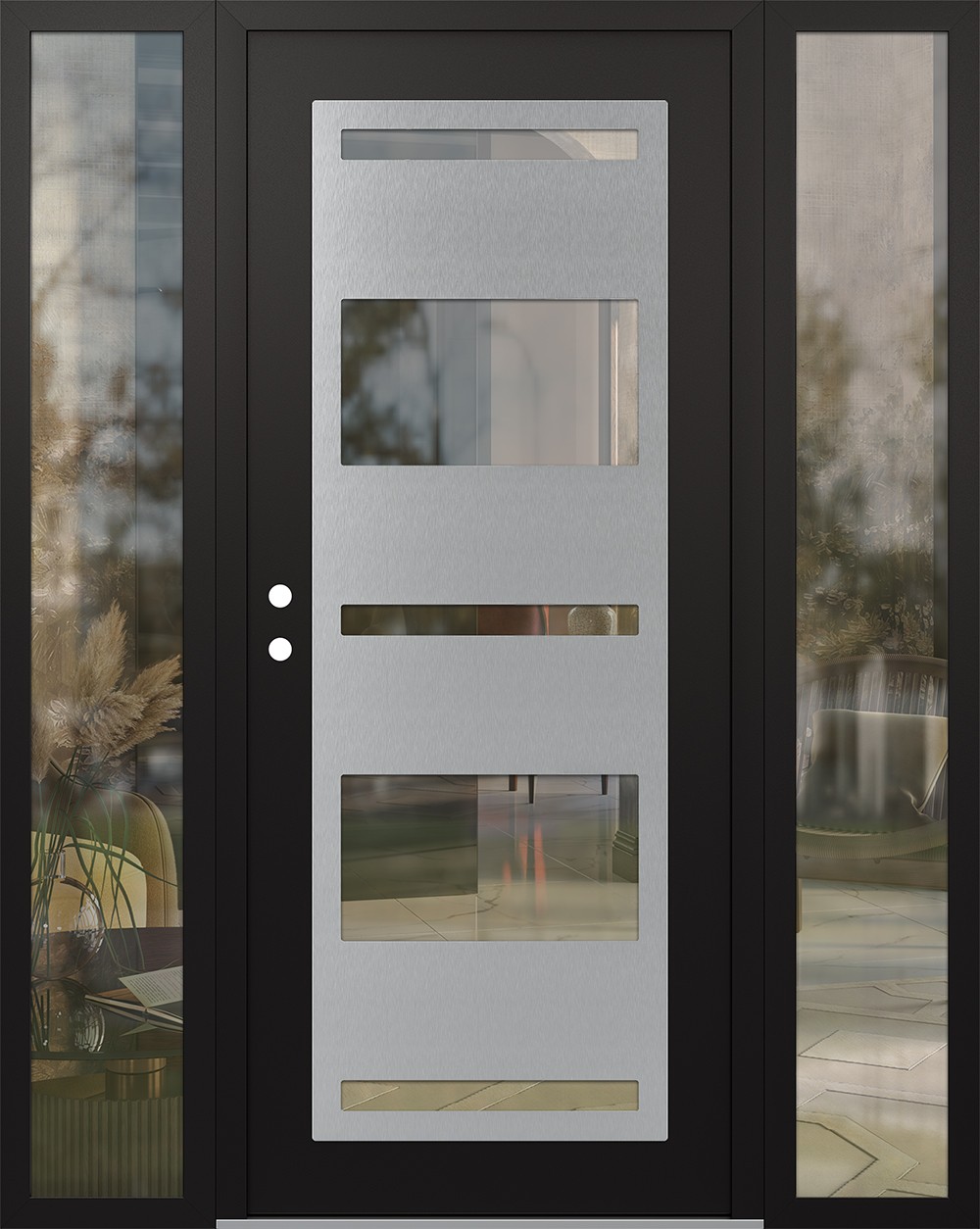 Modern Steel Front Door Diamond C10 68" x 80" black/black clear Glass Panel stainless steel RHI with 2 Sidelites clear Glass
